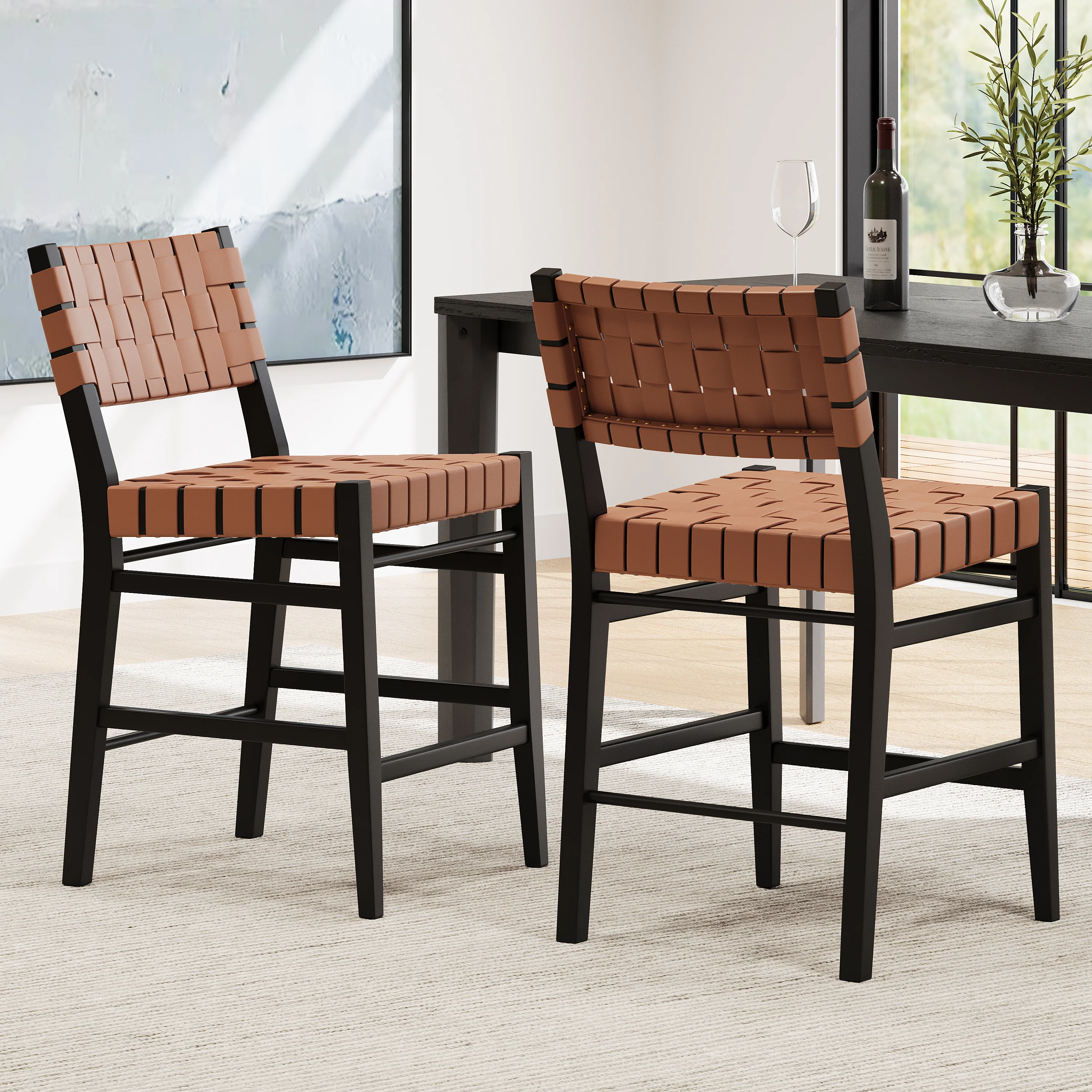 Zephyre Modern Black PU and Wood Counter Stools, Set of 2 - furnishings