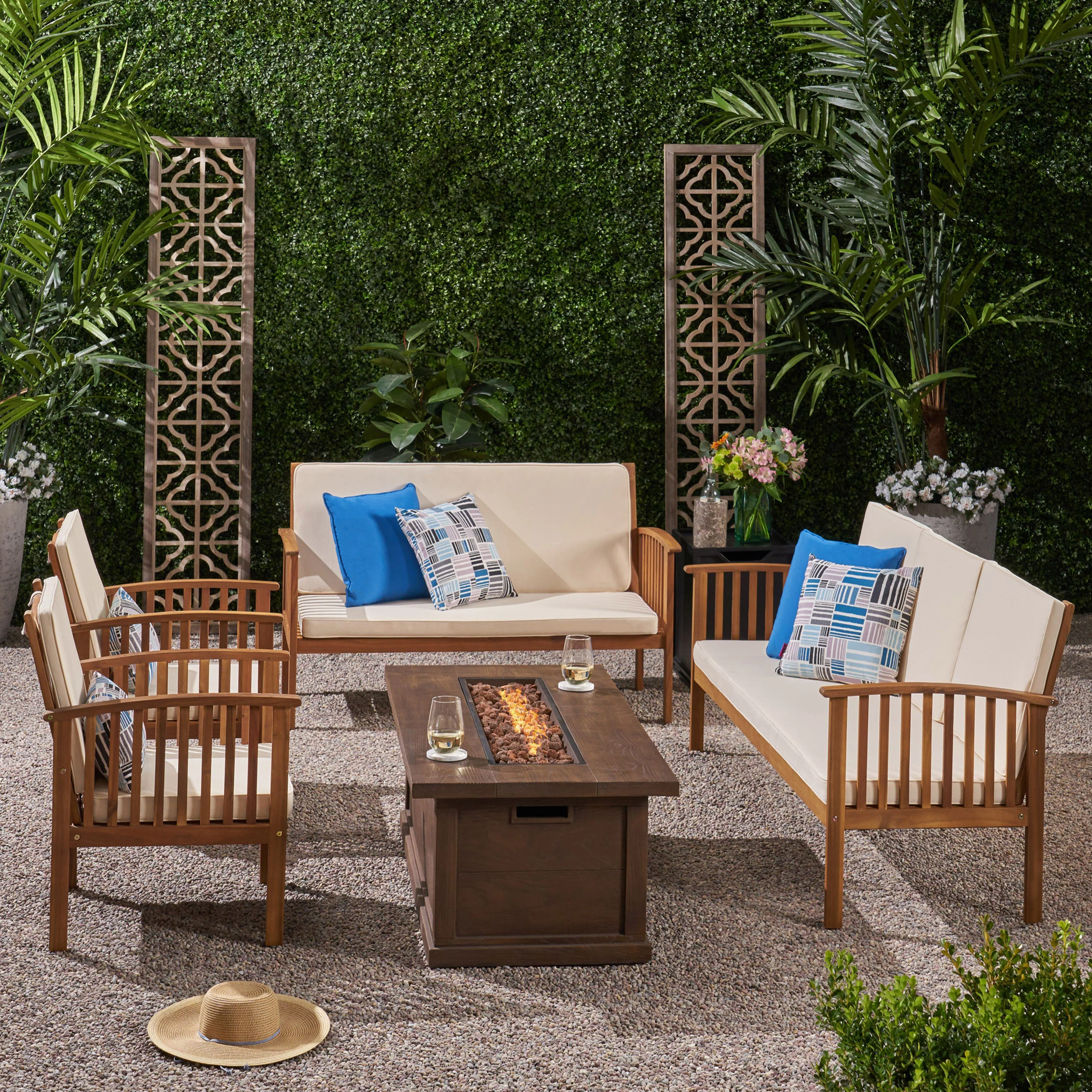 Jean Outdoor 6 Piece Acacia Wood Sofa and Loveseat Conversational Set with Fire Pit - furnishings