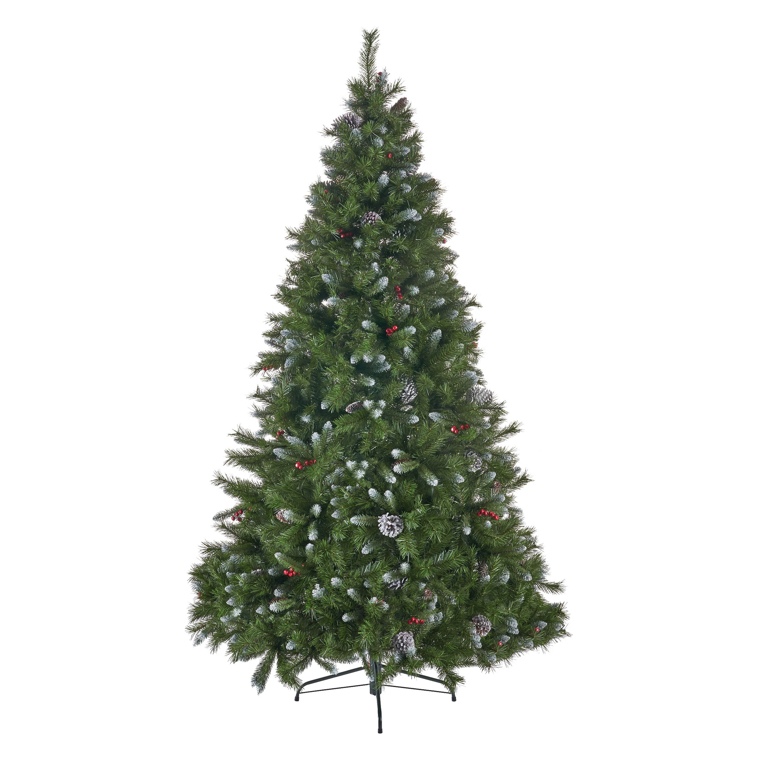 7-foot Mixed Spruce Hinged Artificial Christmas Tree with Frosted Branches, Red Berries, and Frosted Pinecones - furnishings