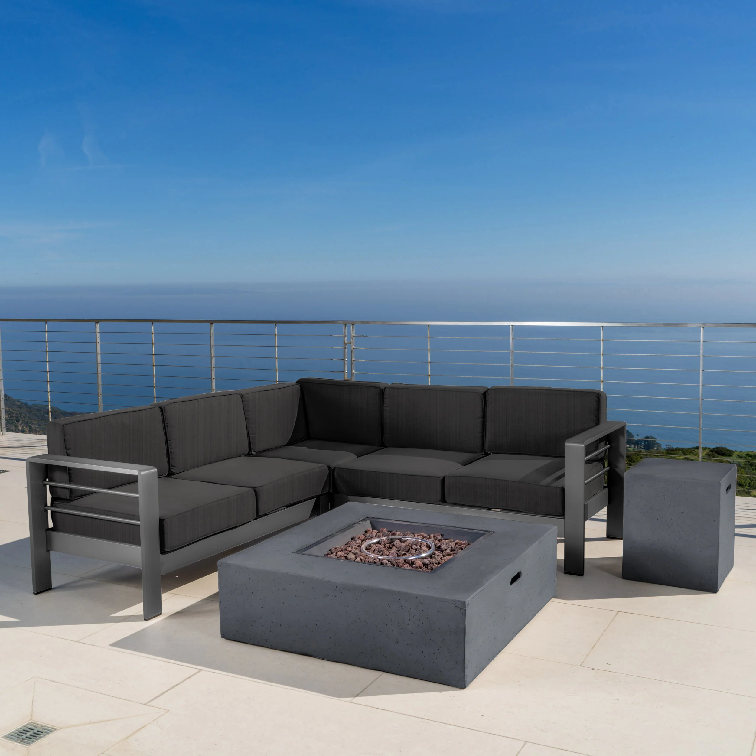 Coral Bay Outdoor Grey Aluminum 5 Piece V-Shape Sectional Sofa Set with Fire Table - furnishings