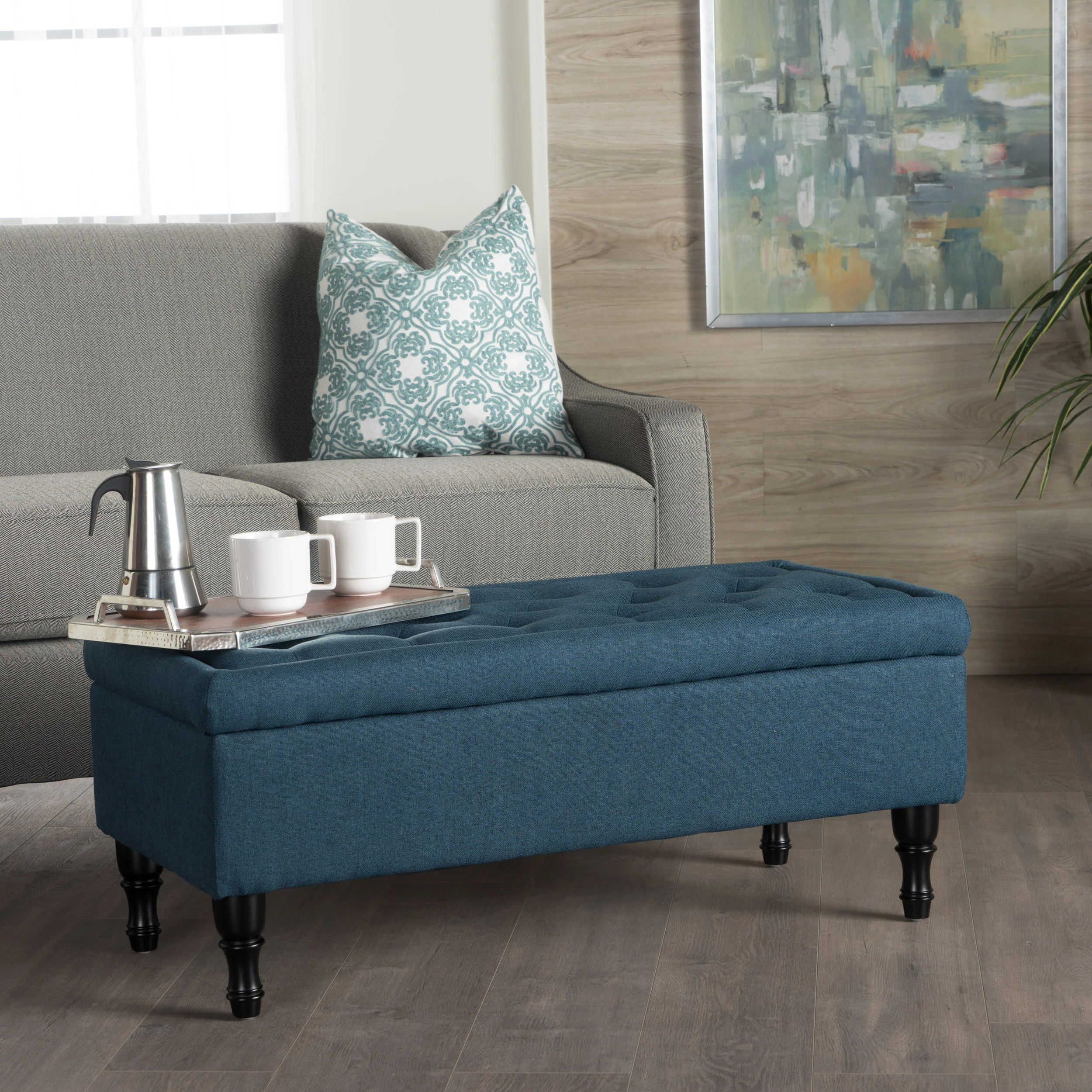 Constance Button Tufted Fabric Rectangle Storage Ottoman Bench w/ Turned Legs - furnishings