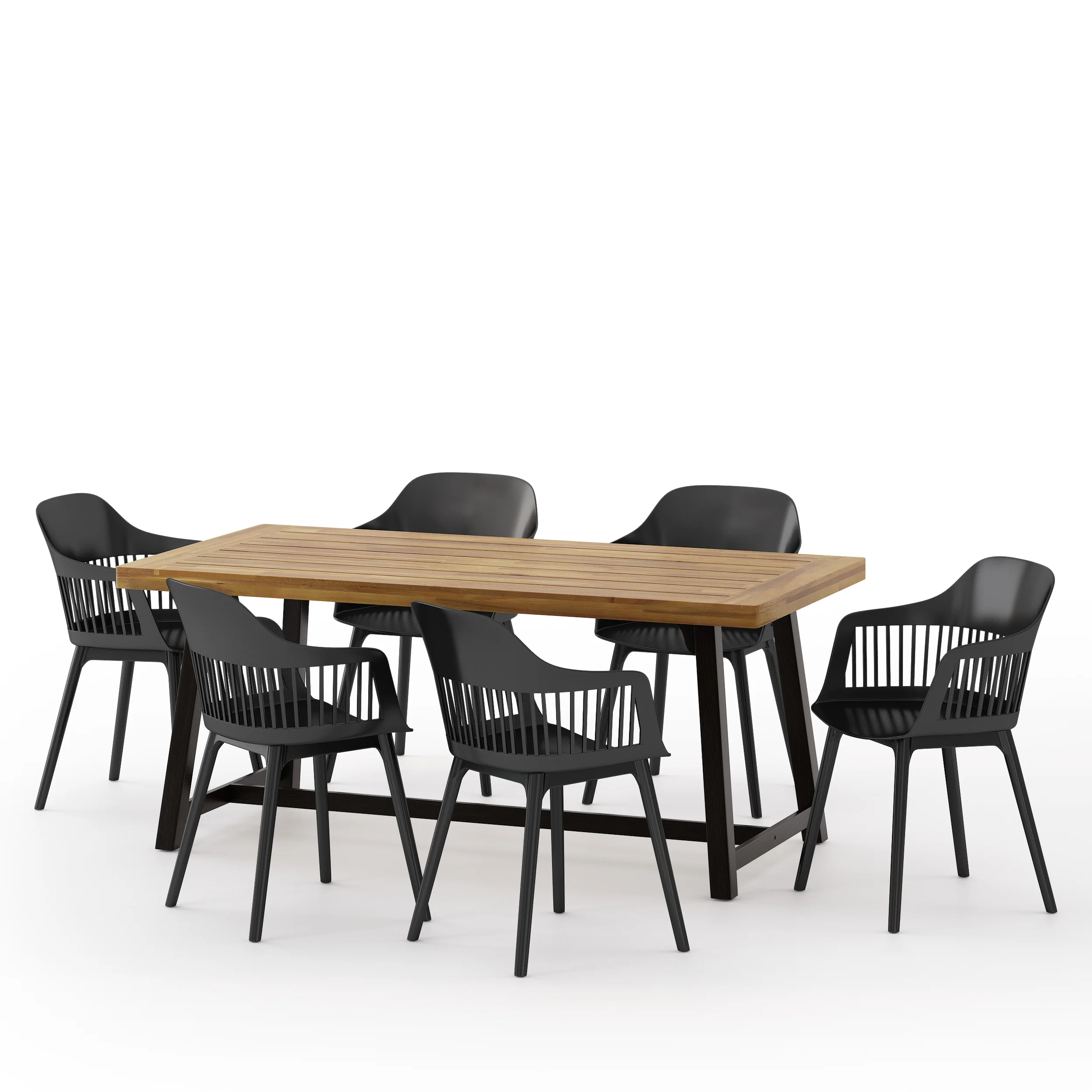 Irene Outdoor Wood and Resin 7 Piece Dining Set, Black and Sandblasted Teak - furnishings