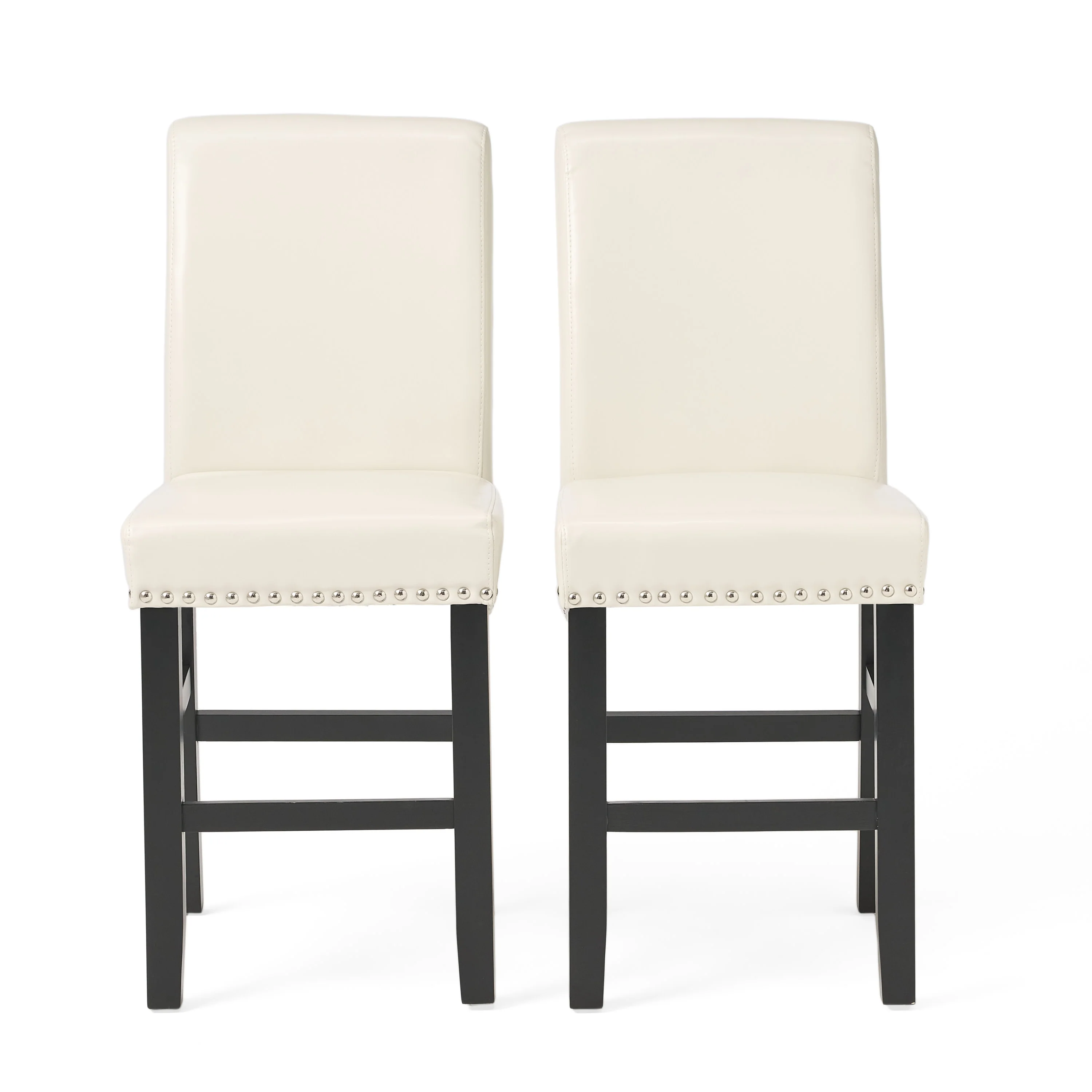 Jazzman Contemporary Bonded Leather Upholstered 26 Inch Counter Stools with Nailhead Trim, Set of 2, Ivory and Matte Black - furnishings