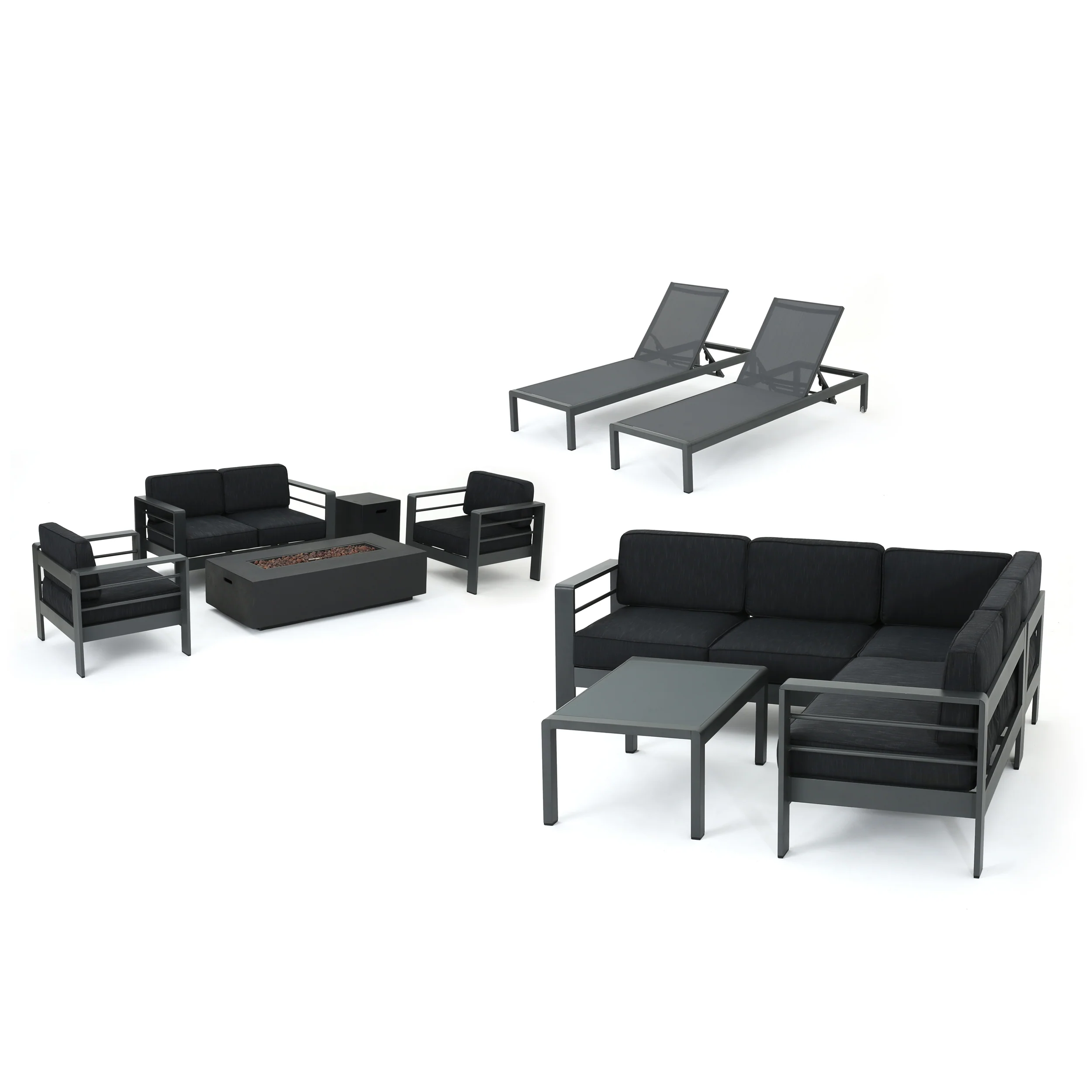 Coral Bay Outdoor Gray Aluminum 11 Piece Estate Patio Collection with Firepit - furnishings