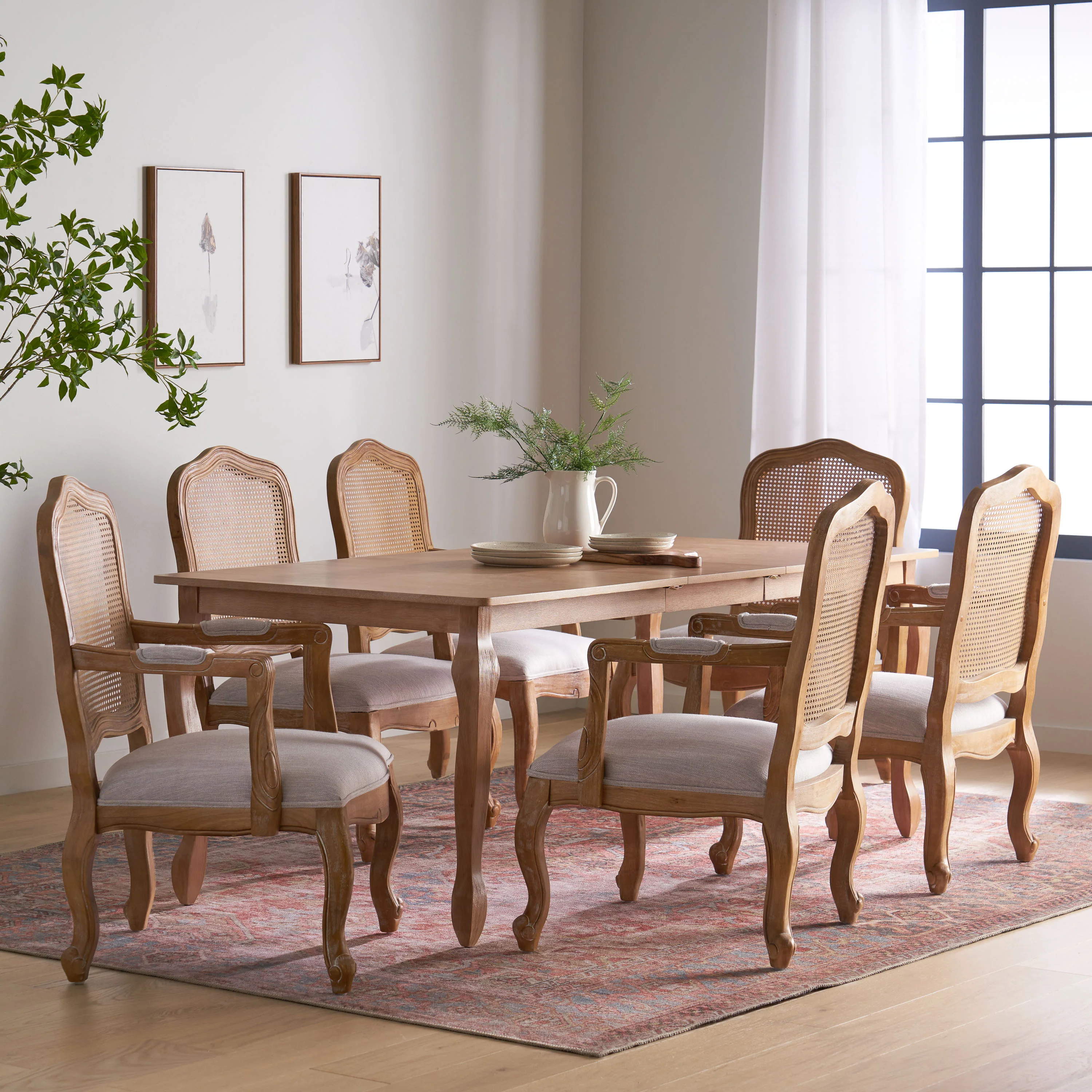 Bonview French Country Fabric Upholstered Wood and Cane Expandable 7 Piece Dining Set - furnishings