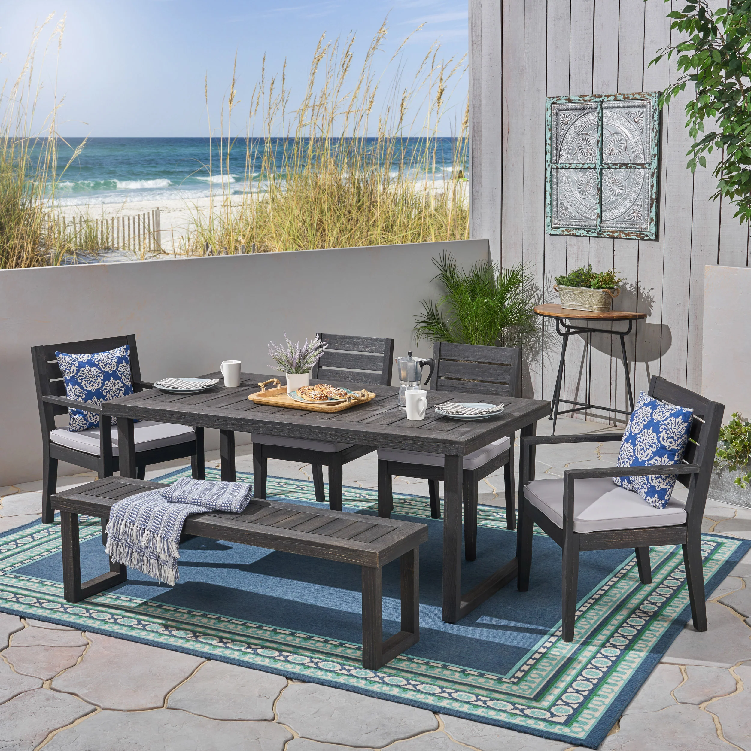 Eric Outdoor 6-Seater Acacia Wood Dining Set with Bench - furnishings