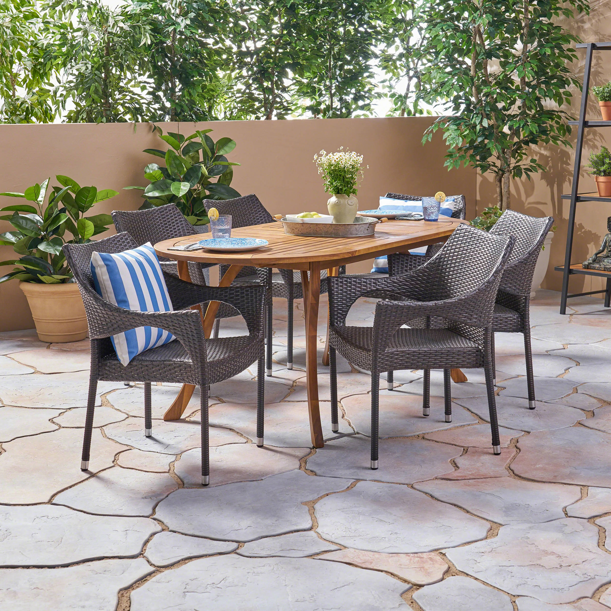 Reeder Outdoor 7 Piece Acacia Wood and Wicker Dining Set, Teak with Multi Brown Chairs - furnishings