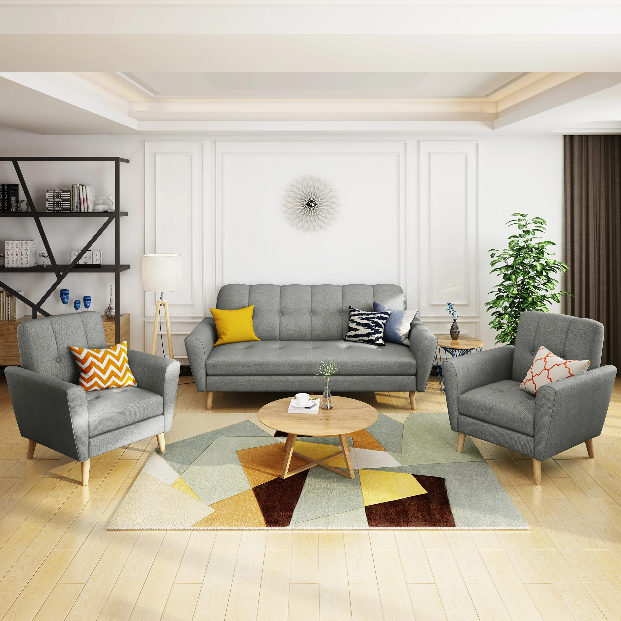 Angelica Mid-Century Modern 3-Piece Chairs & Couch Fabric Living Room Set - furnishings