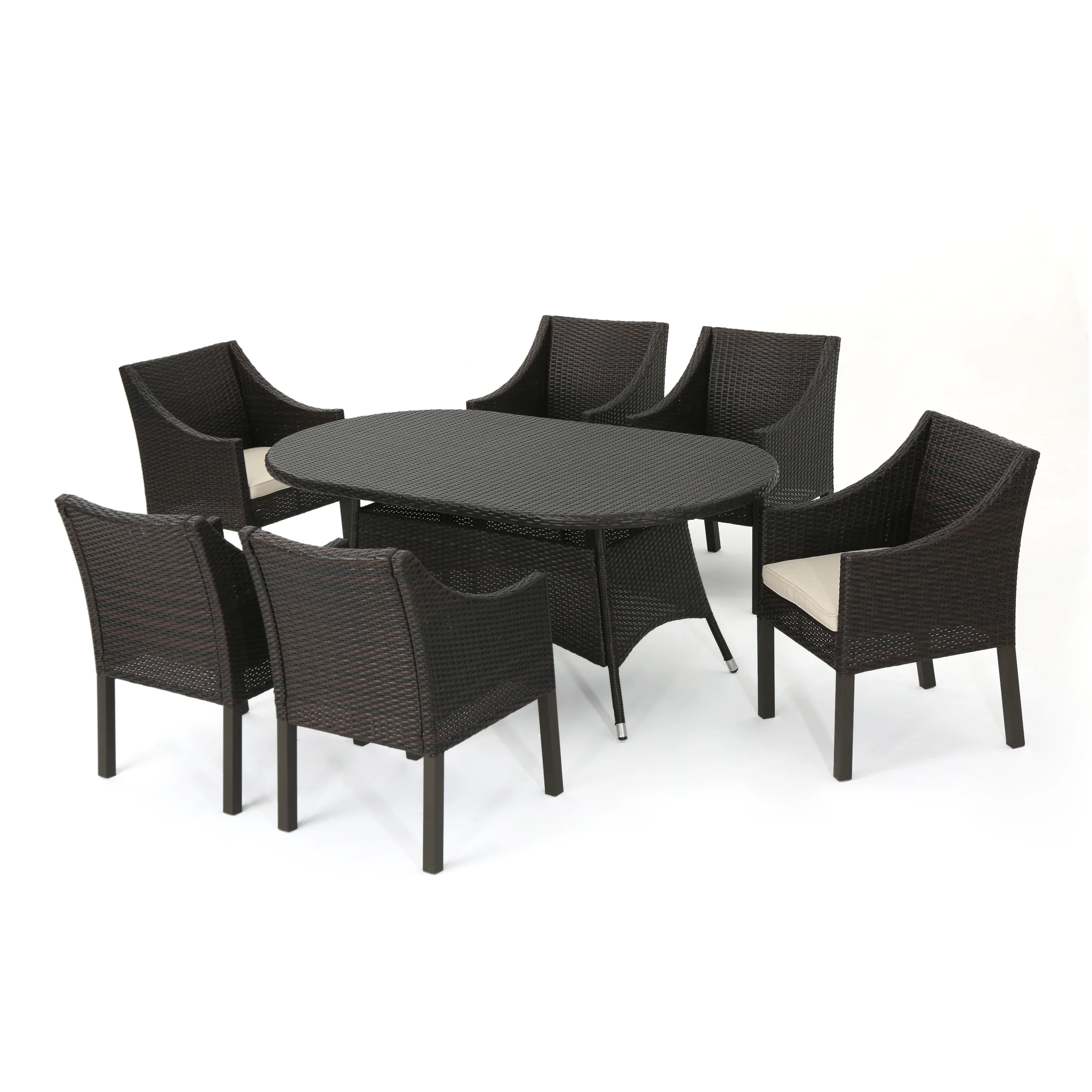 Frances Outdoor 7 Piece Wicker Oval Dining Set with Water Resistant Cushions - furnishings