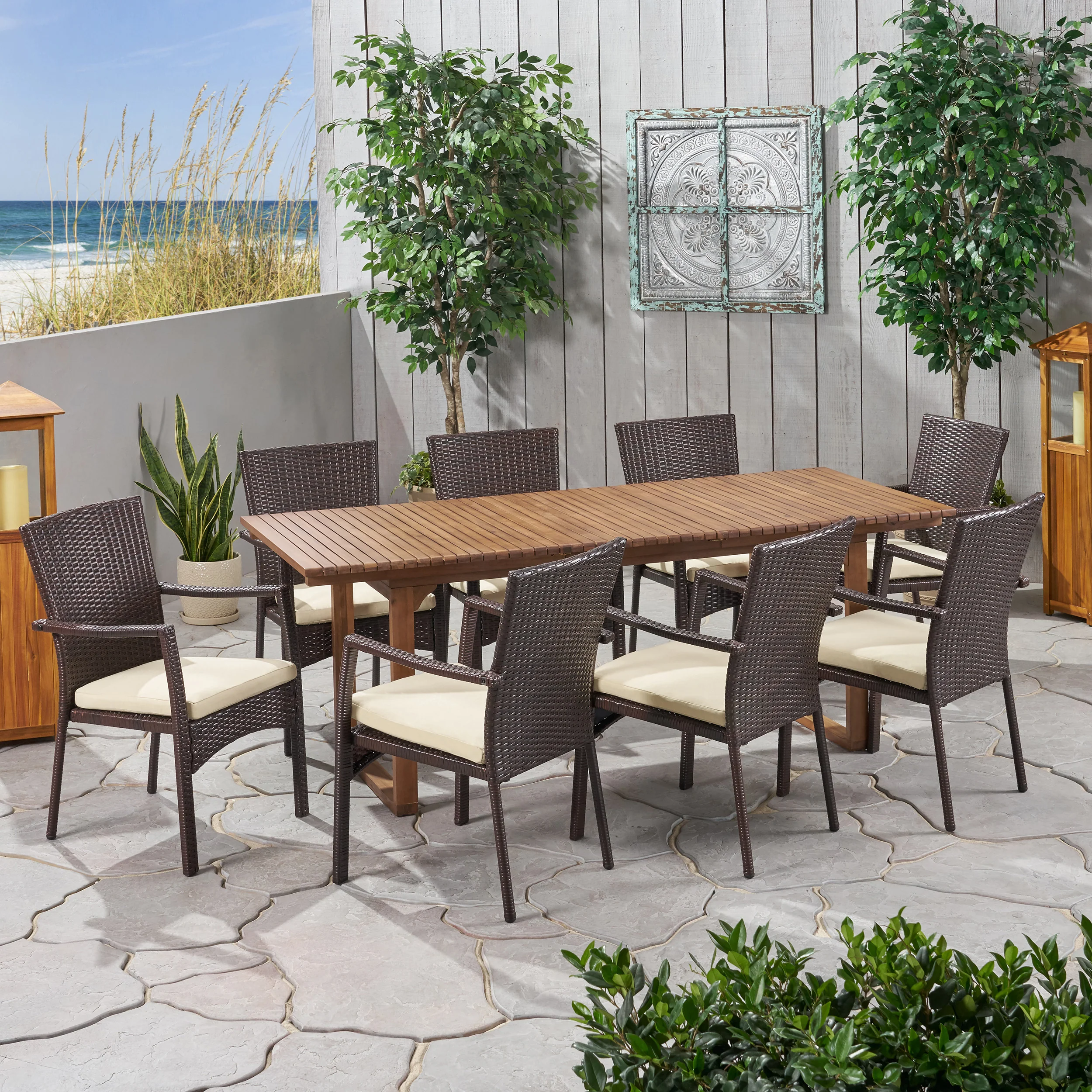 Maise Outdoor 8 Seater Expandable Wood and Wicker Dining Set - furnishings