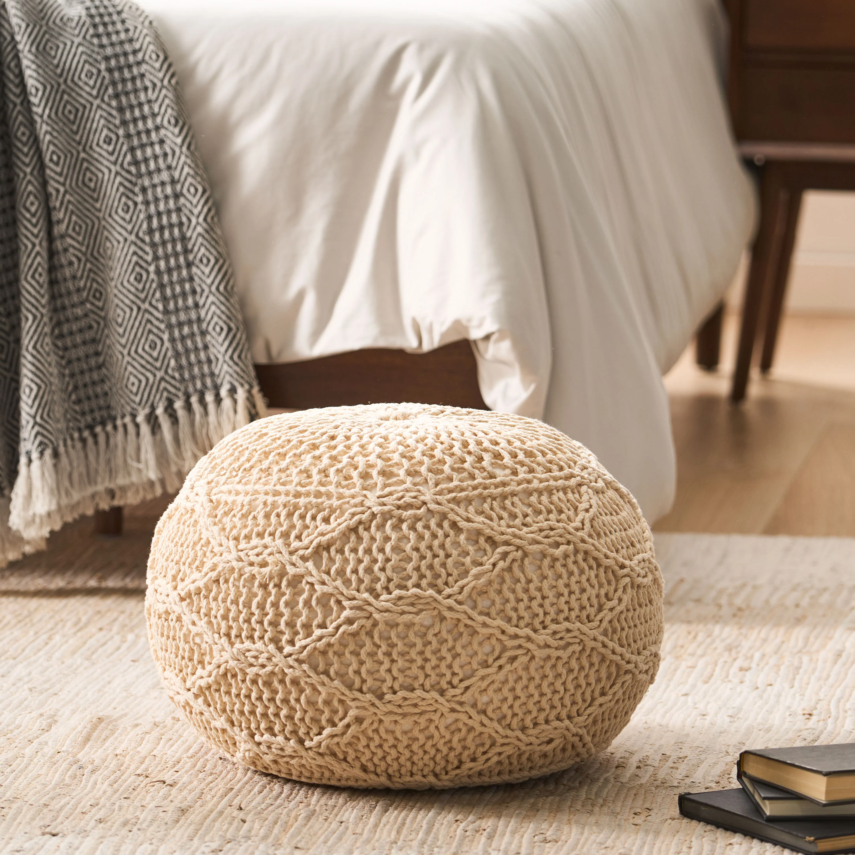 Woodbine Modern Knitted Cotton Round Pouf - furnishings