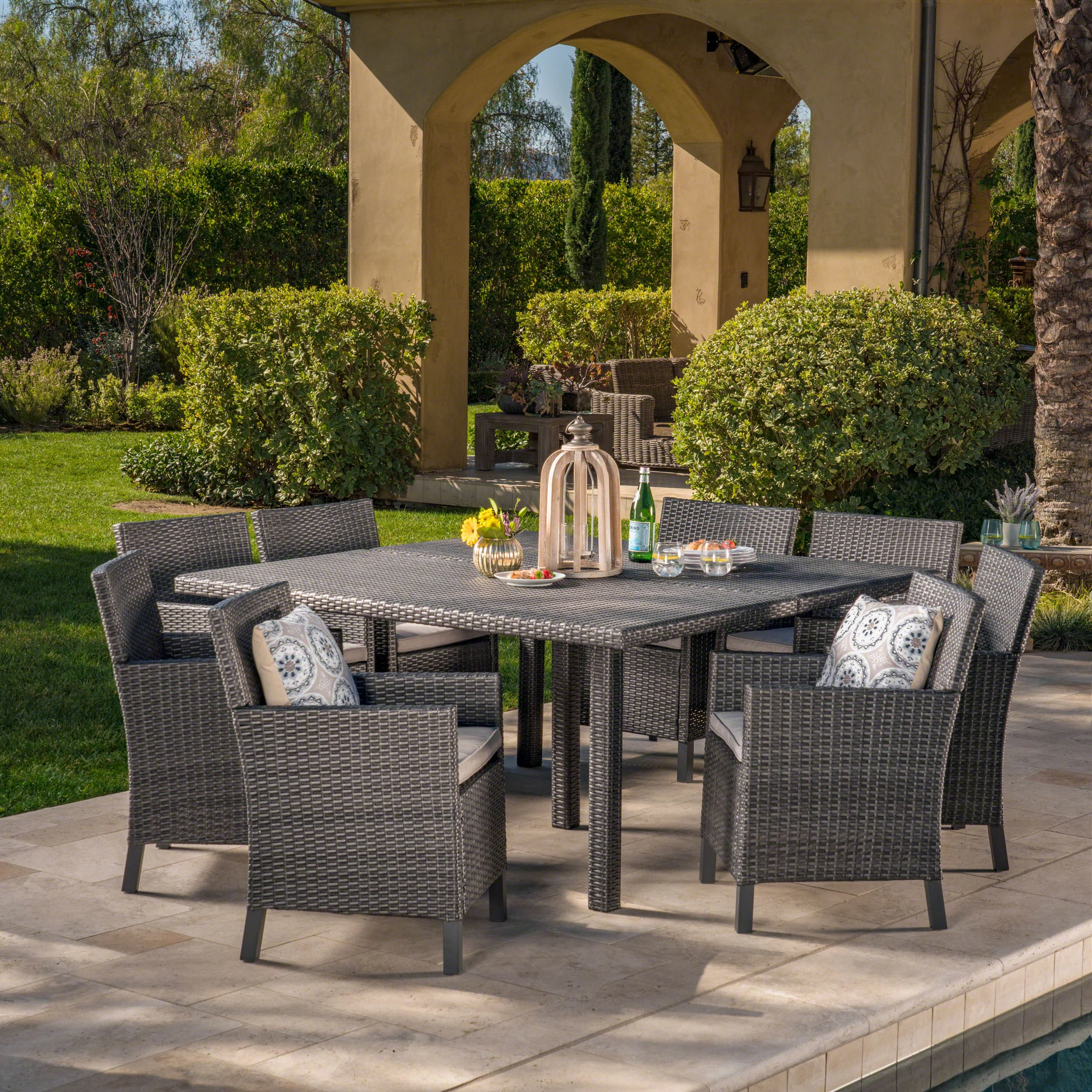 Winford Outdoor 9 Piece Wicker Dining Set with Water Resistant Cushions - furnishings