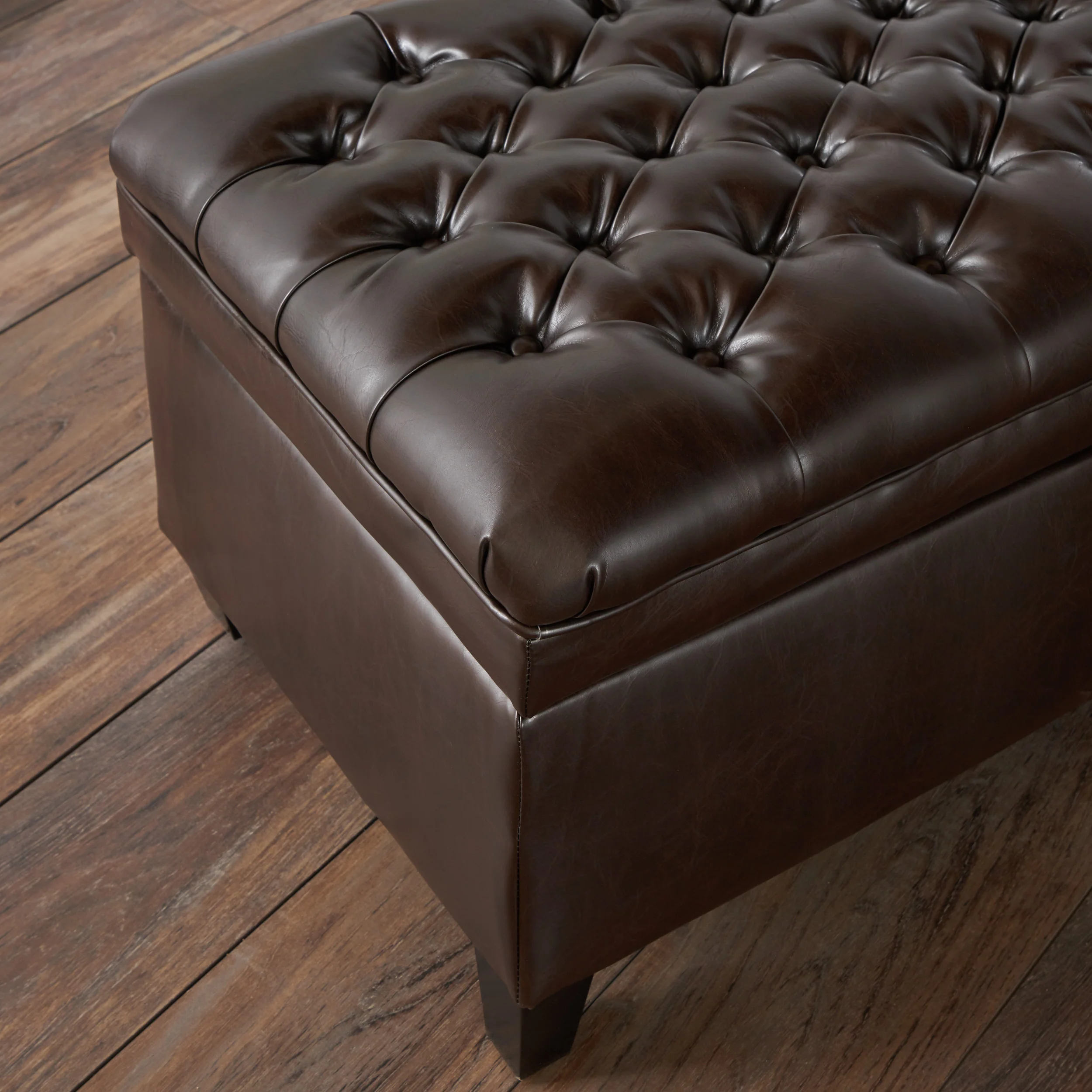 Sheffield Contemporary Button Tufted Brown Faux Leather Storage Ottoman - furnishings