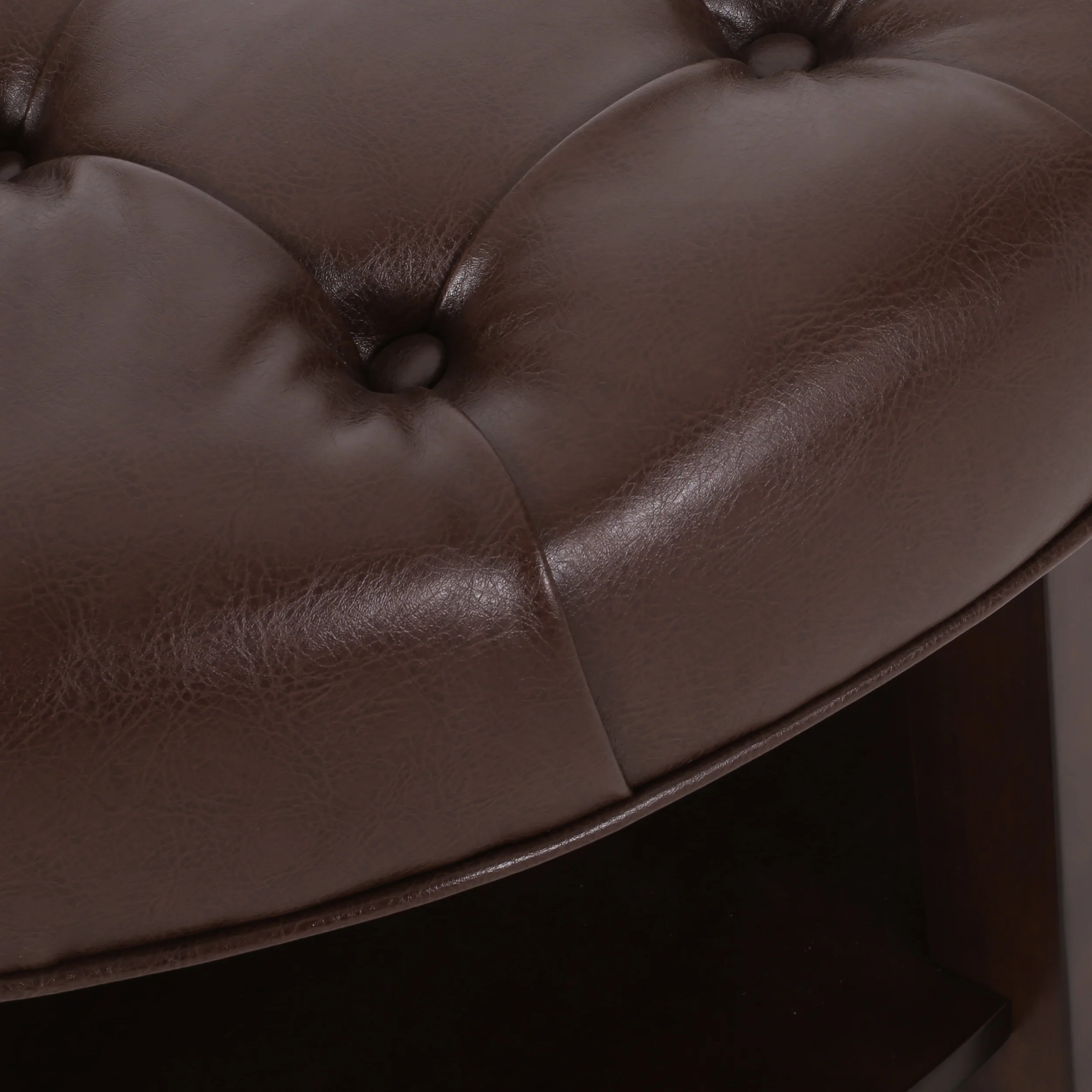 Baynes Contemporary Faux Leather Tufted Wood Round Ottoman with Open Shelf - furnishings