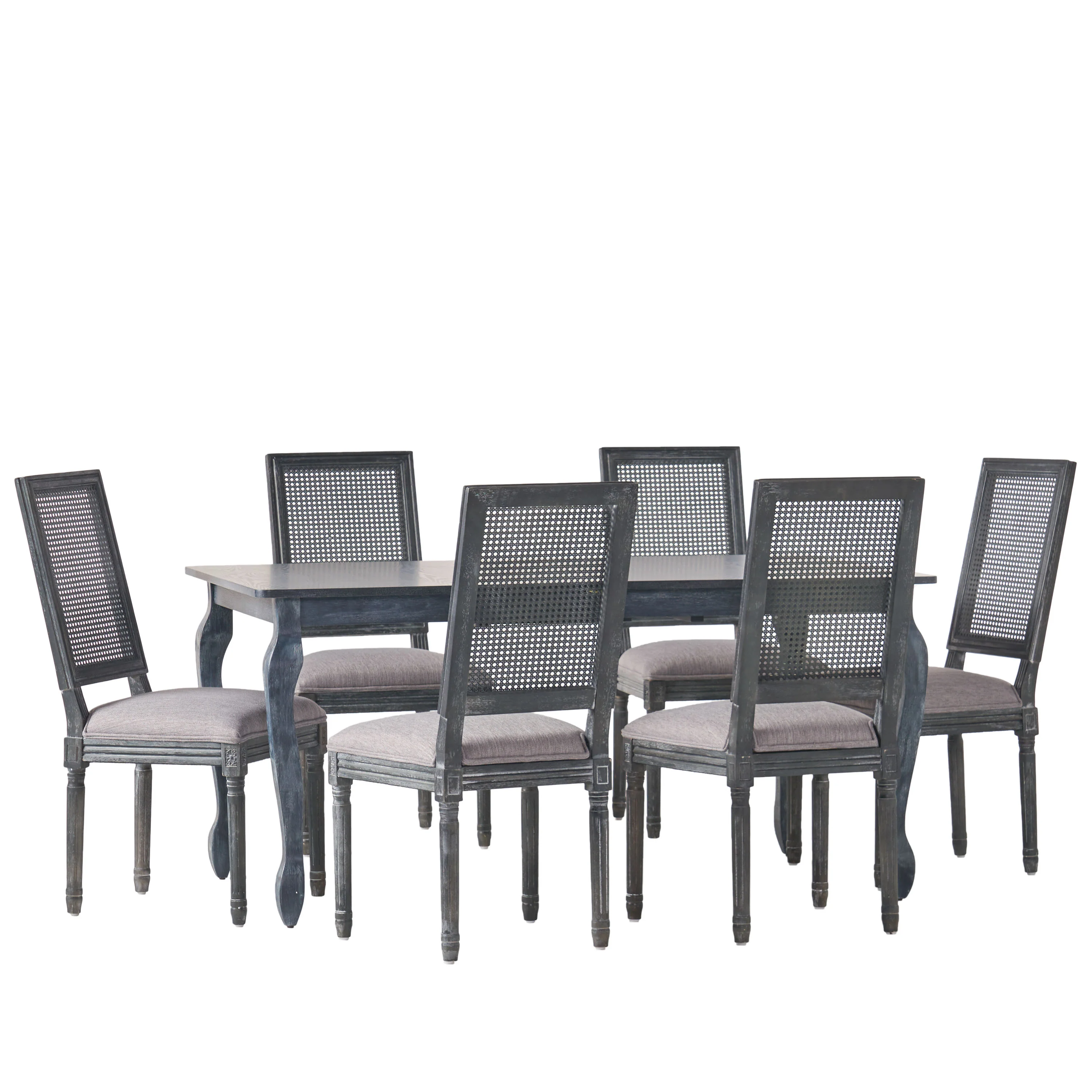Fernleaf French Country Fabric Upholstered Wood and Cane Expandable 7 Piece Dining Set - furnishings