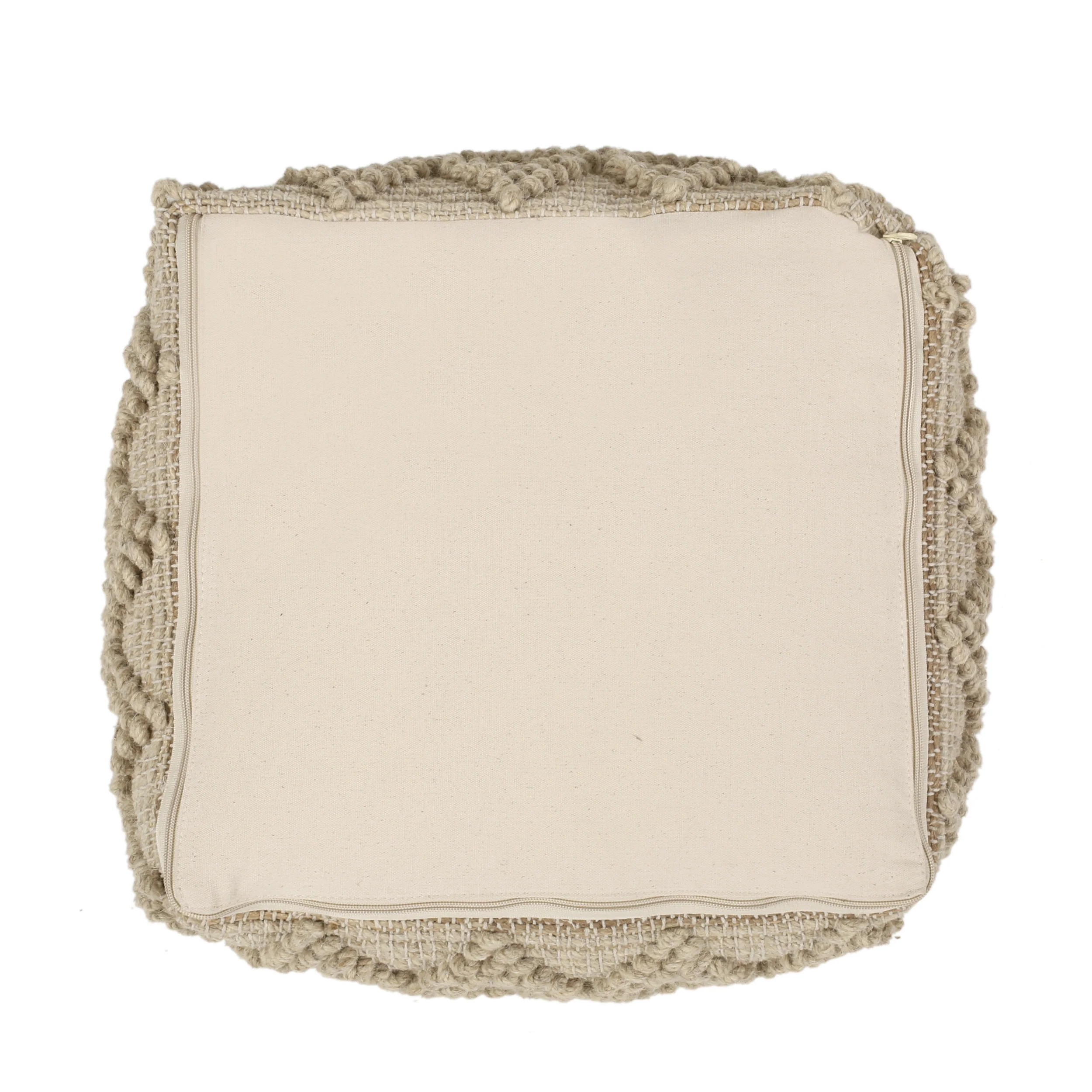 Galion Boho Handcrafted Fabric Cube Pouf, Ivory and Beige - furnishings