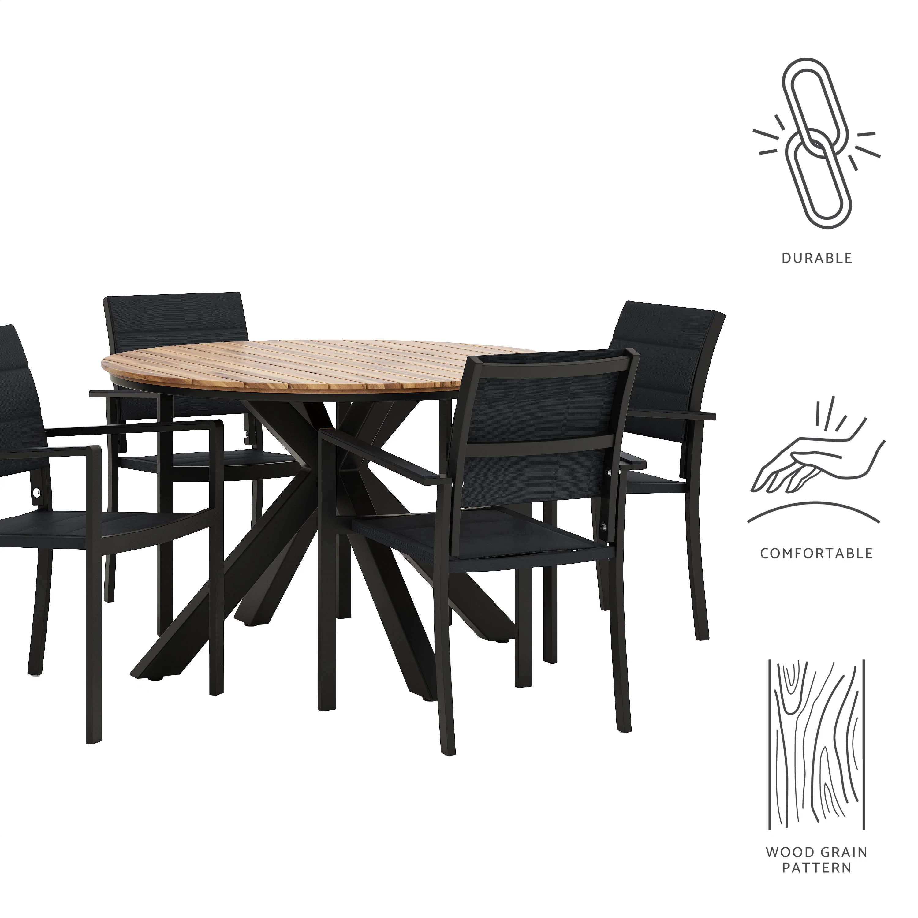 Mellie Outdoor Mesh and Acacia Wood 5 Piece Dining Set, Black and Teak - furnishings