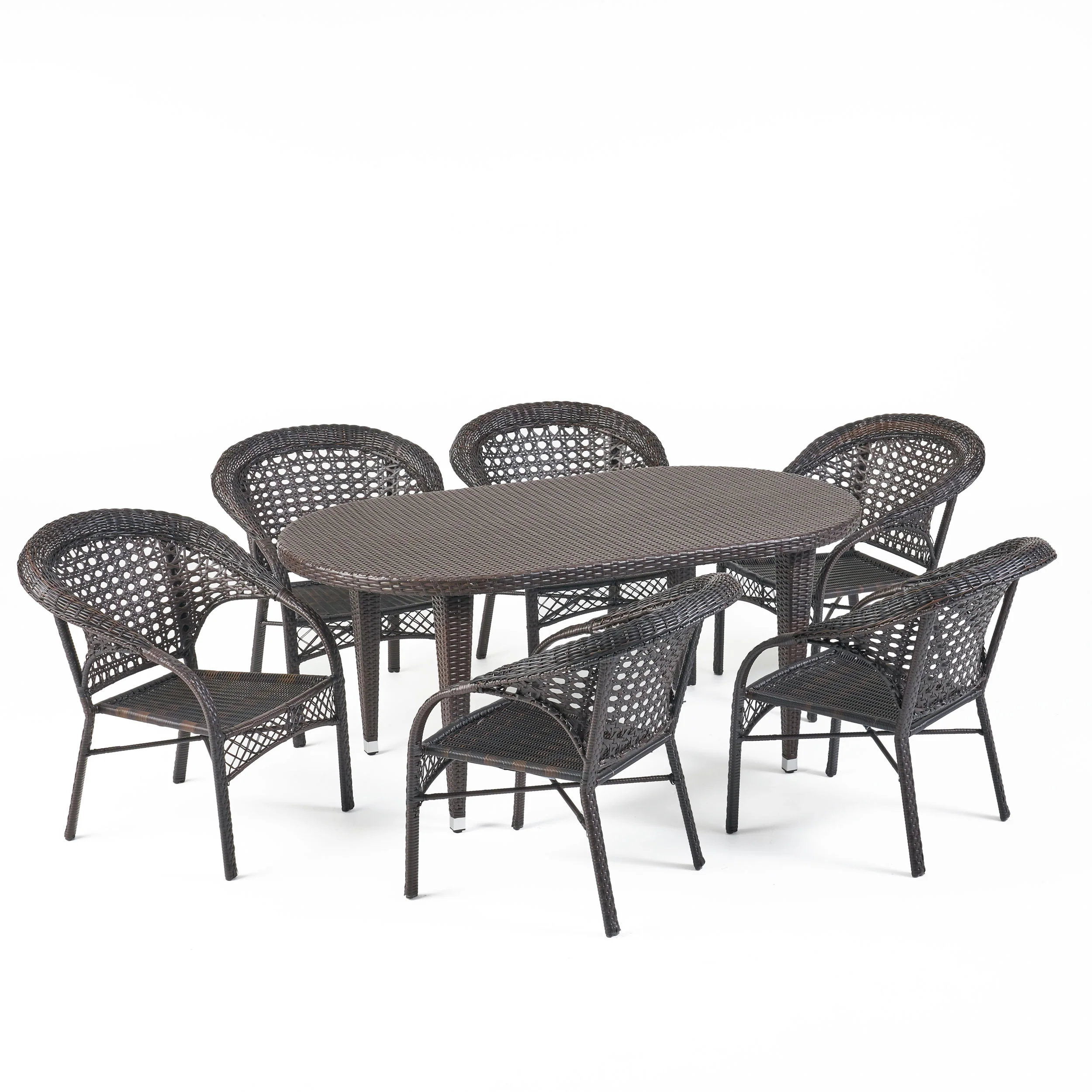 Matador Outdoor 7 Piece Multi-brown Wicker Oval Dining Set with Stacking Chairs - furnishings