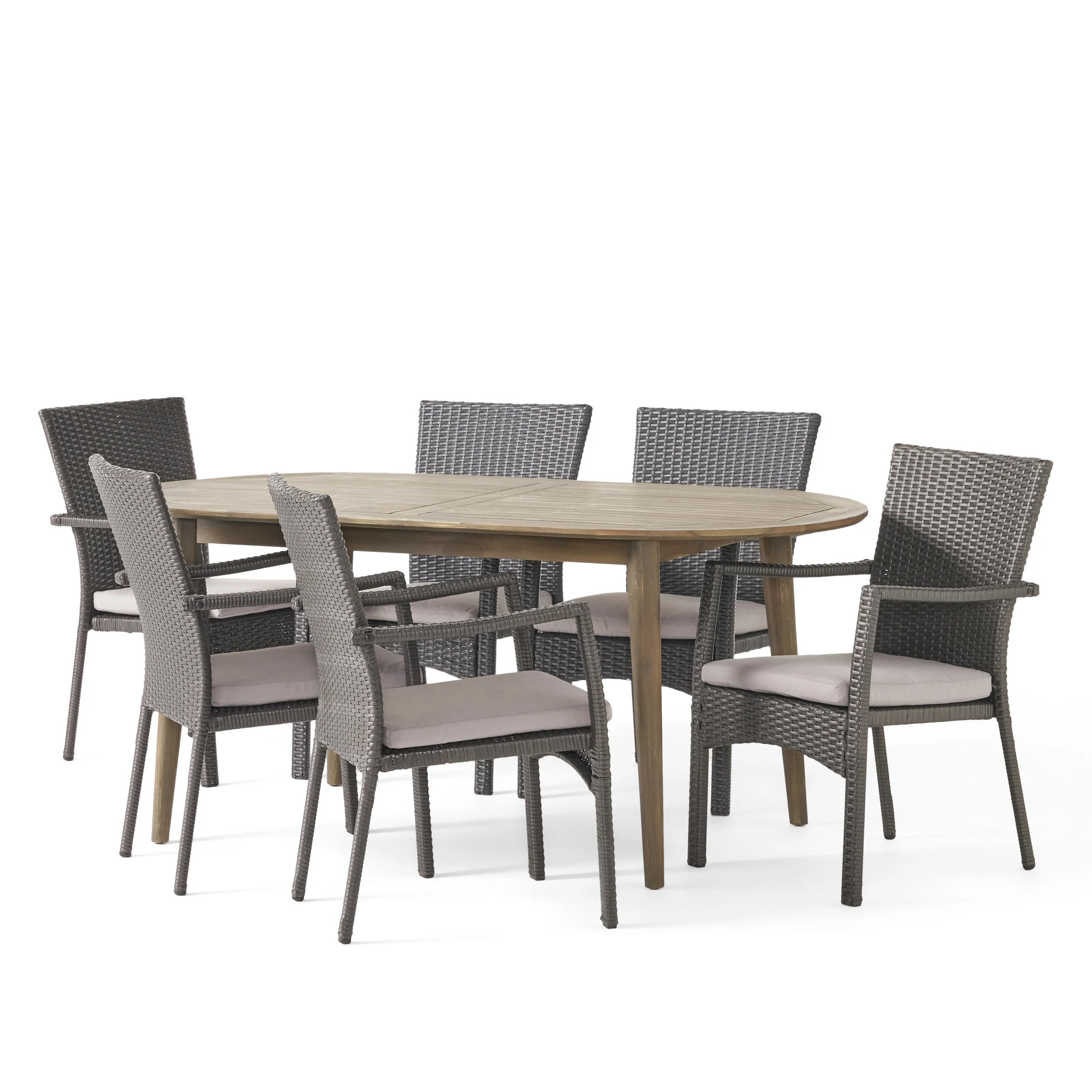 Stanfer Outdoor 7-Piece Acacia Wood Dining Set with Wicker Chairs - furnishings