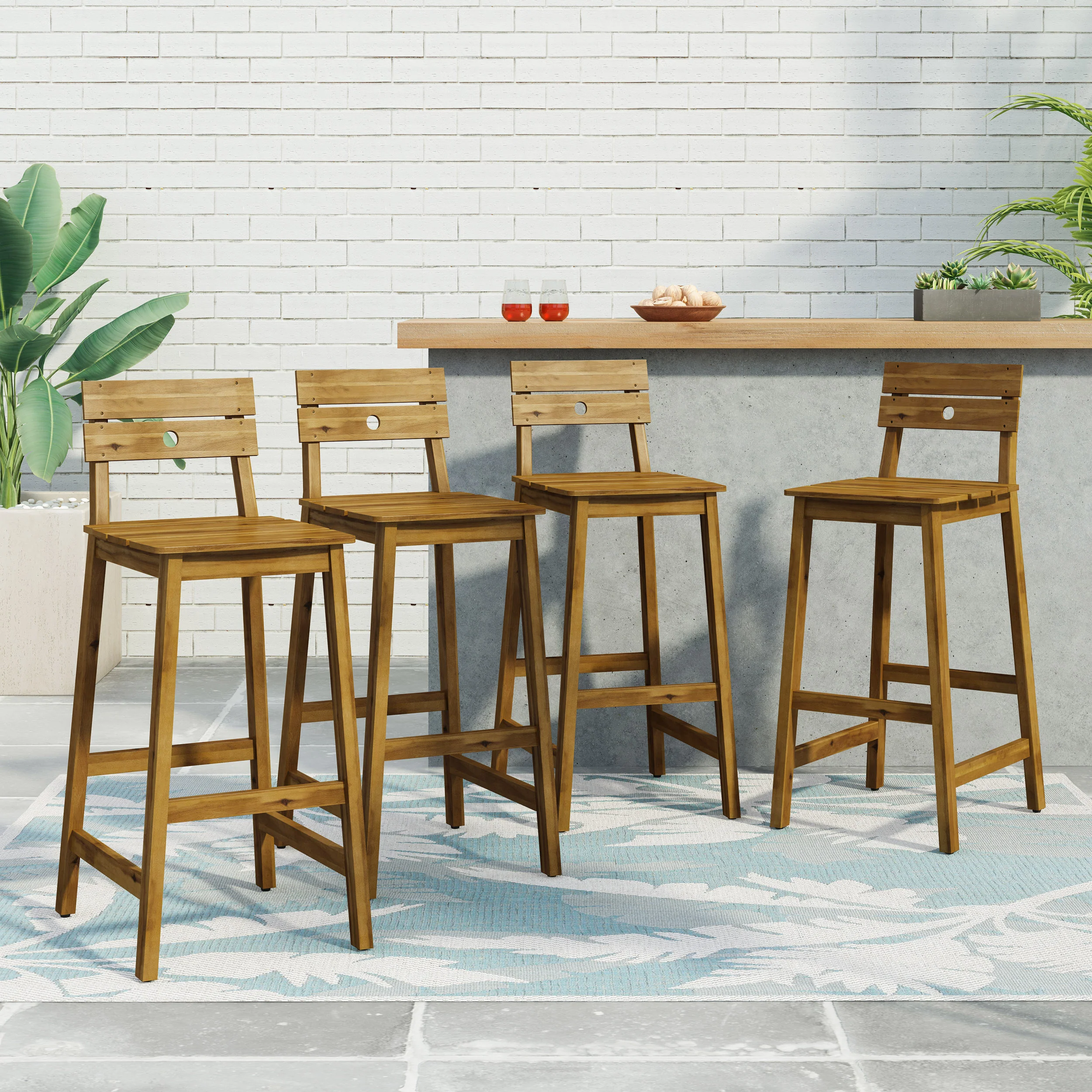 Munro Outdoor/Indoor Acacia Wood Backed Barstools, Set of 4, Teak - furnishings