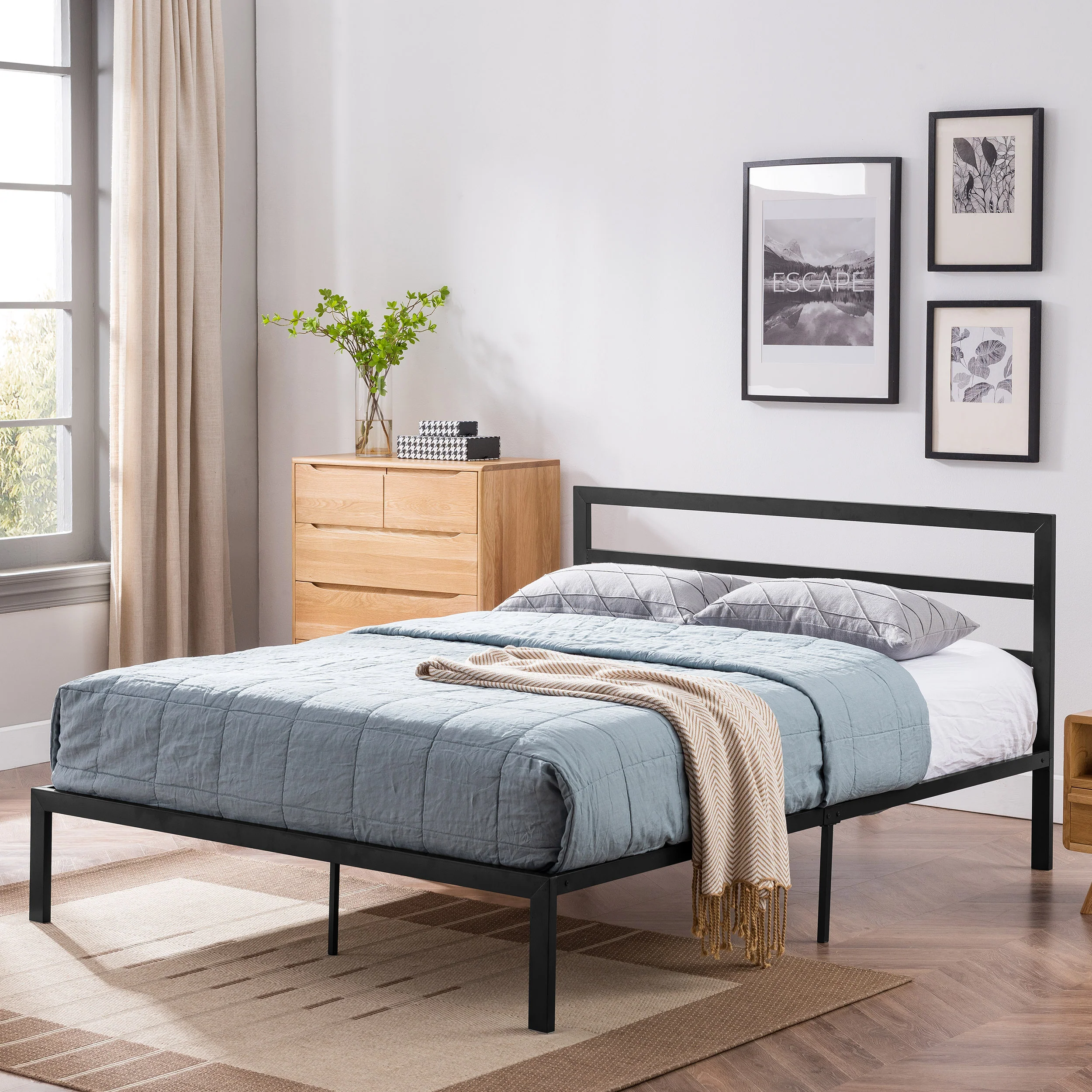 Jones Minimalistic Modern Slat Iron Queen-Size Bed Frame - furnishings
