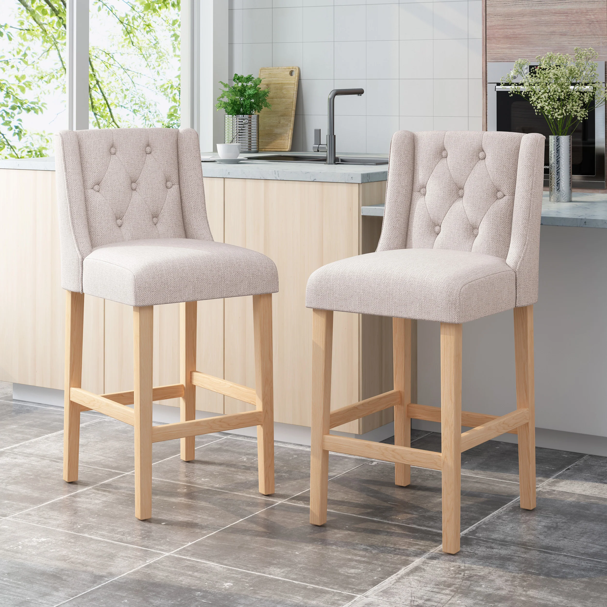 Zaydrian Button Tufted Fabric Wingback Bar Stool (Set of 2) - furnishings