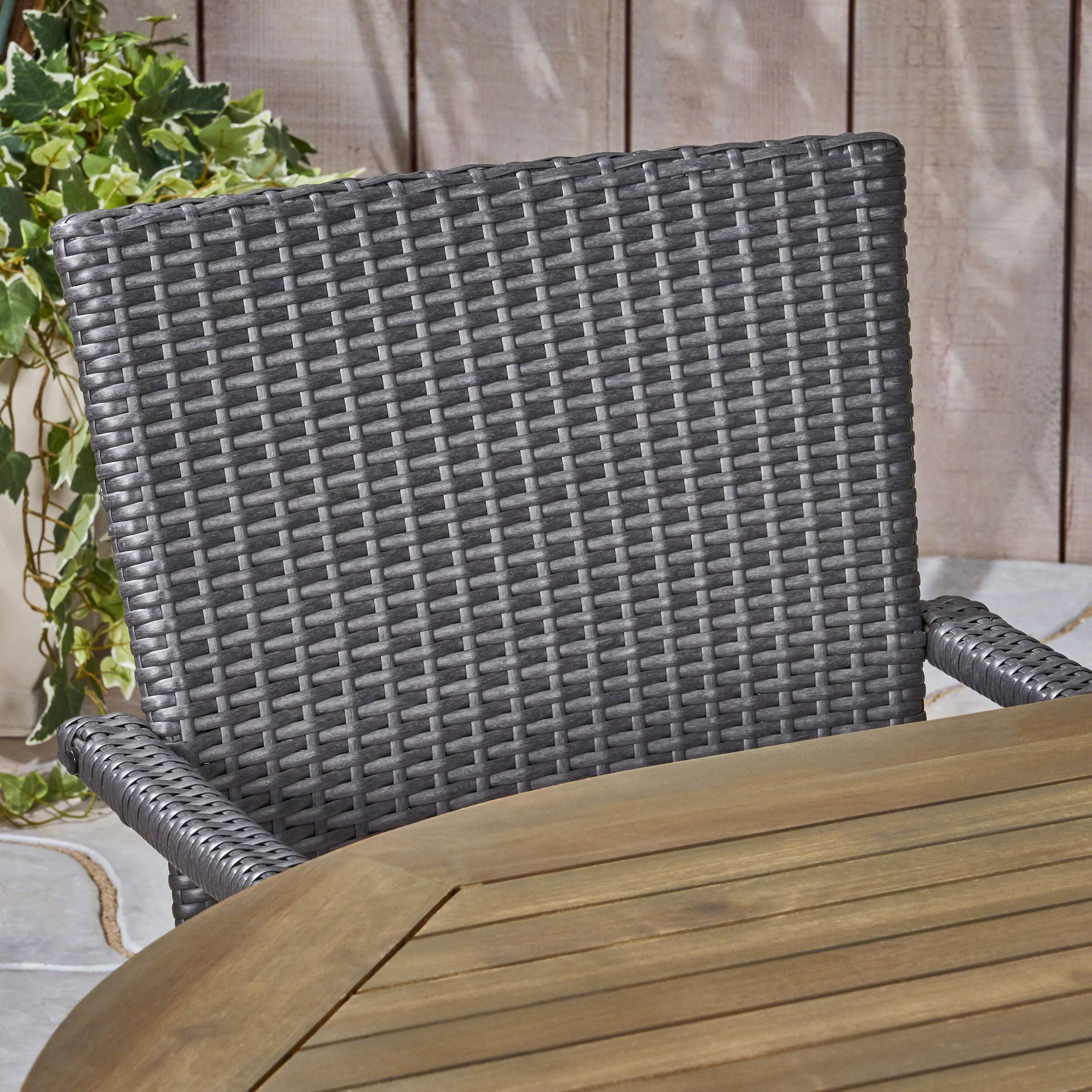Stanfer Outdoor 7-Piece Acacia Wood Dining Set with Wicker Chairs - furnishings