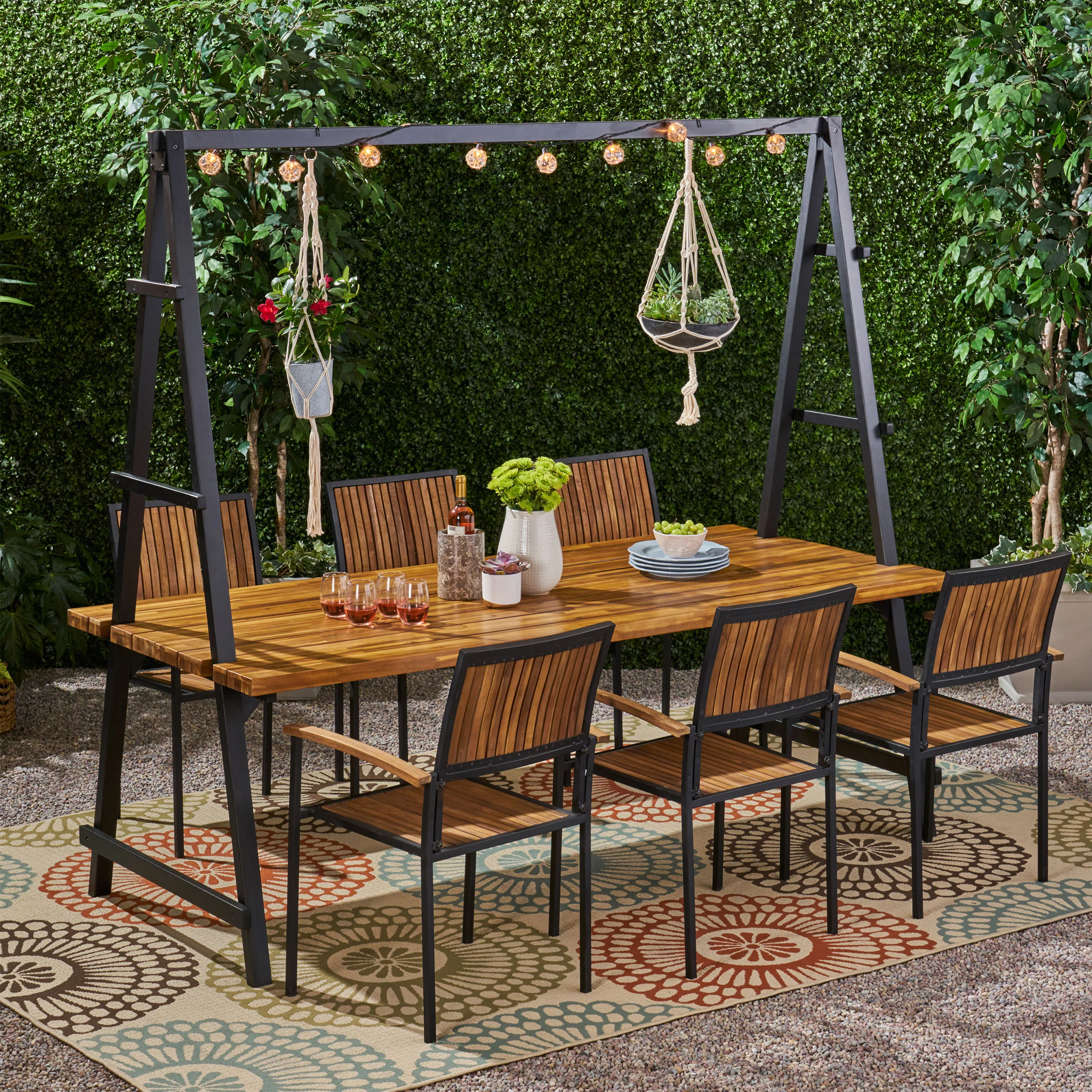 Durban Outdoor 6 Seater Acacia Wood and Iron Planter Dining Set - furnishings