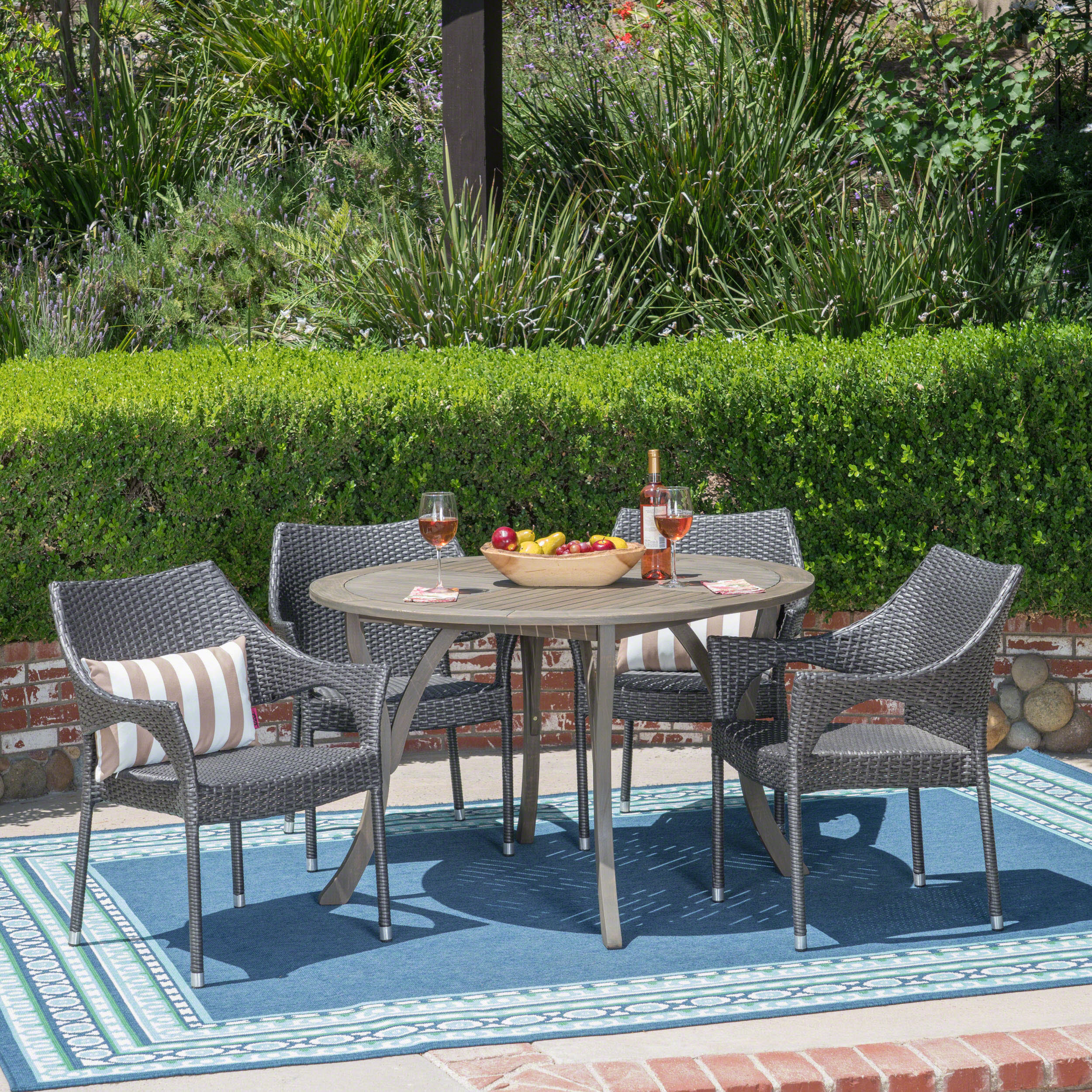Chantelle Outdoor 5 Piece Acacia Wood and Wicker Dining Set - furnishings