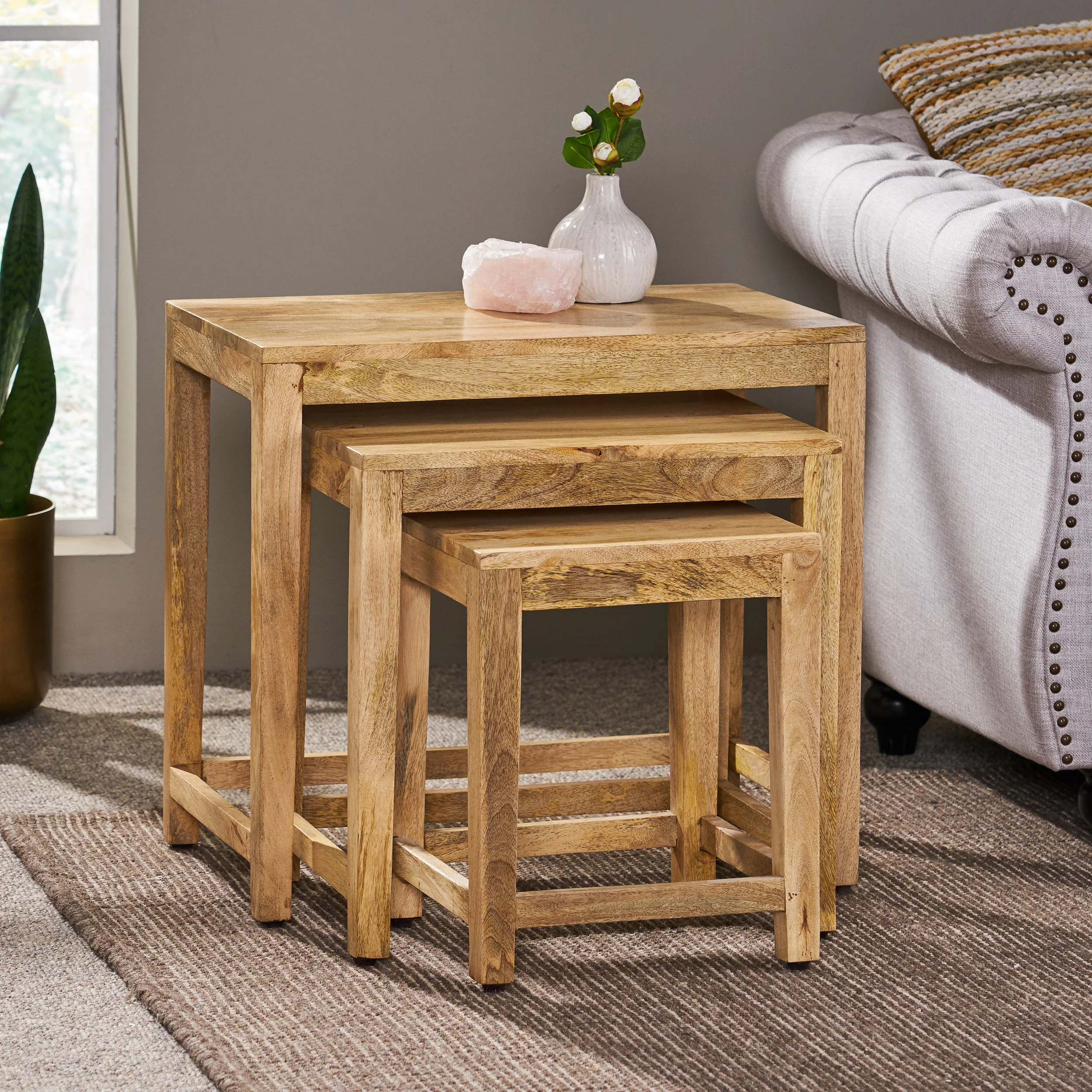 Farnum Rustic Handcrafted Mango Wood Nested Side Tables (Set of 3), Natural - furnishings