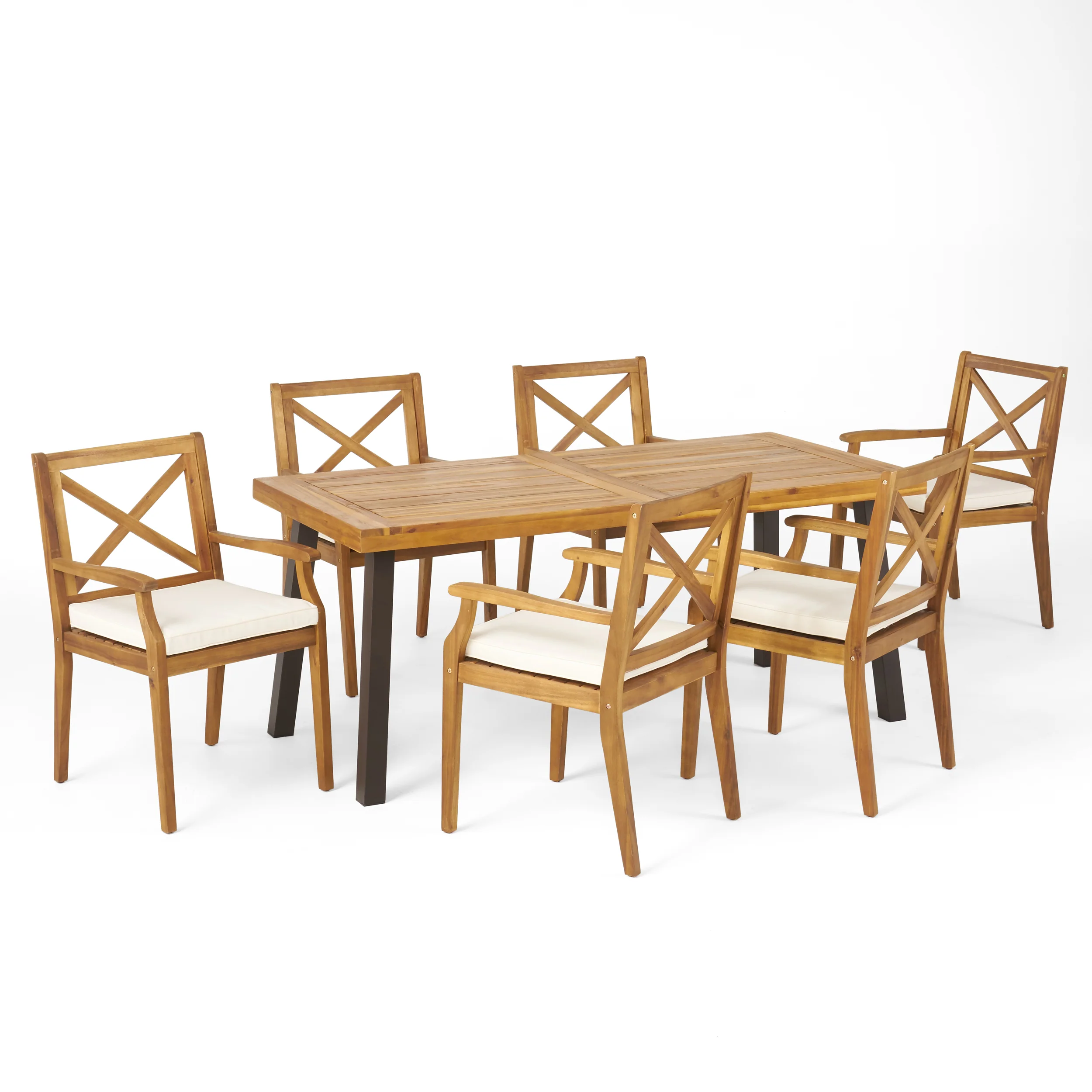 Justin Outdoor Farmhouse Slat-Top 7 Piece Acacia Wood Dining Set with Cushions - furnishings