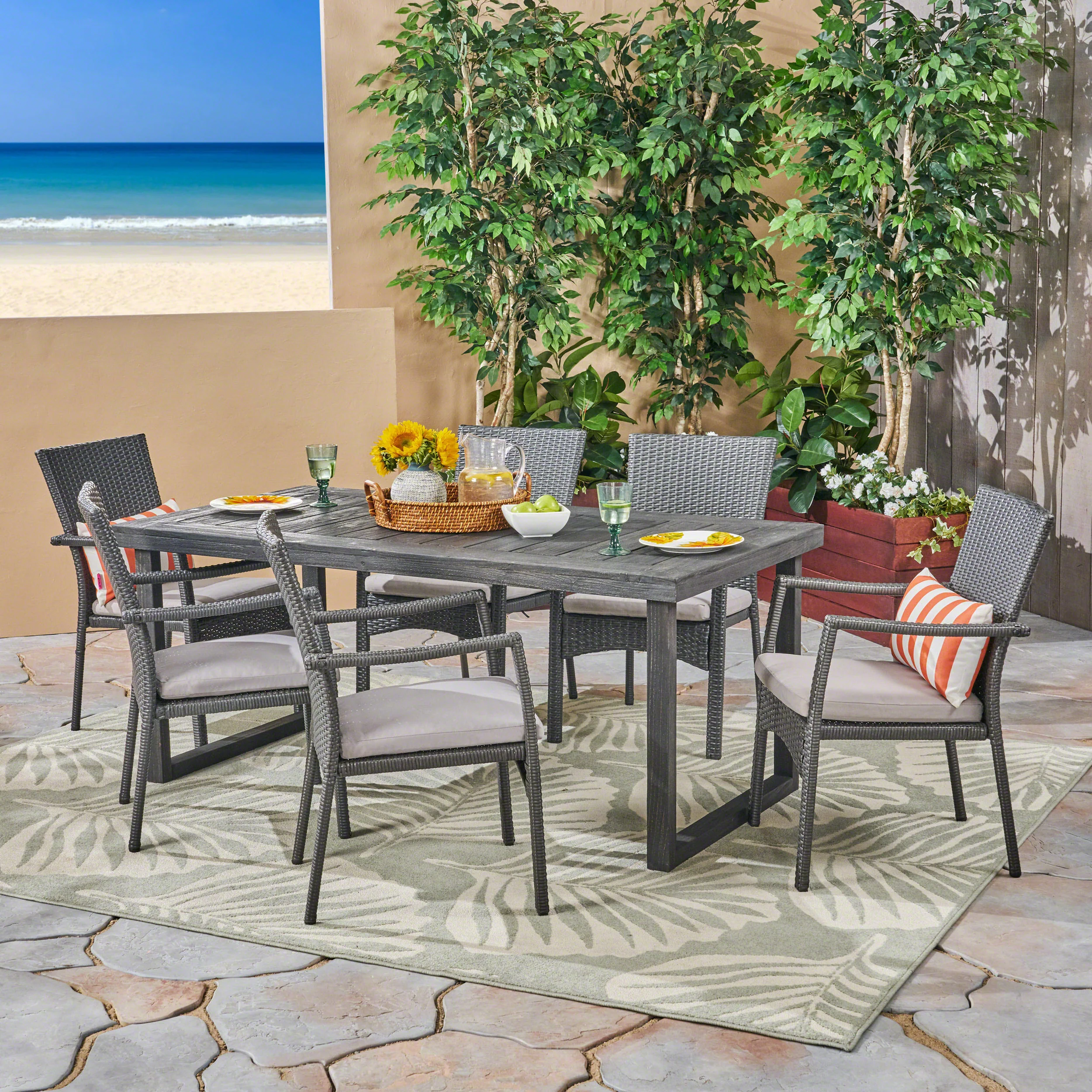 Dawn Outdoor 6-Seater Acacia Wood Dining Set with Wicker Chairs, Sandblast Dark Gray Finish and Gray - furnishings
