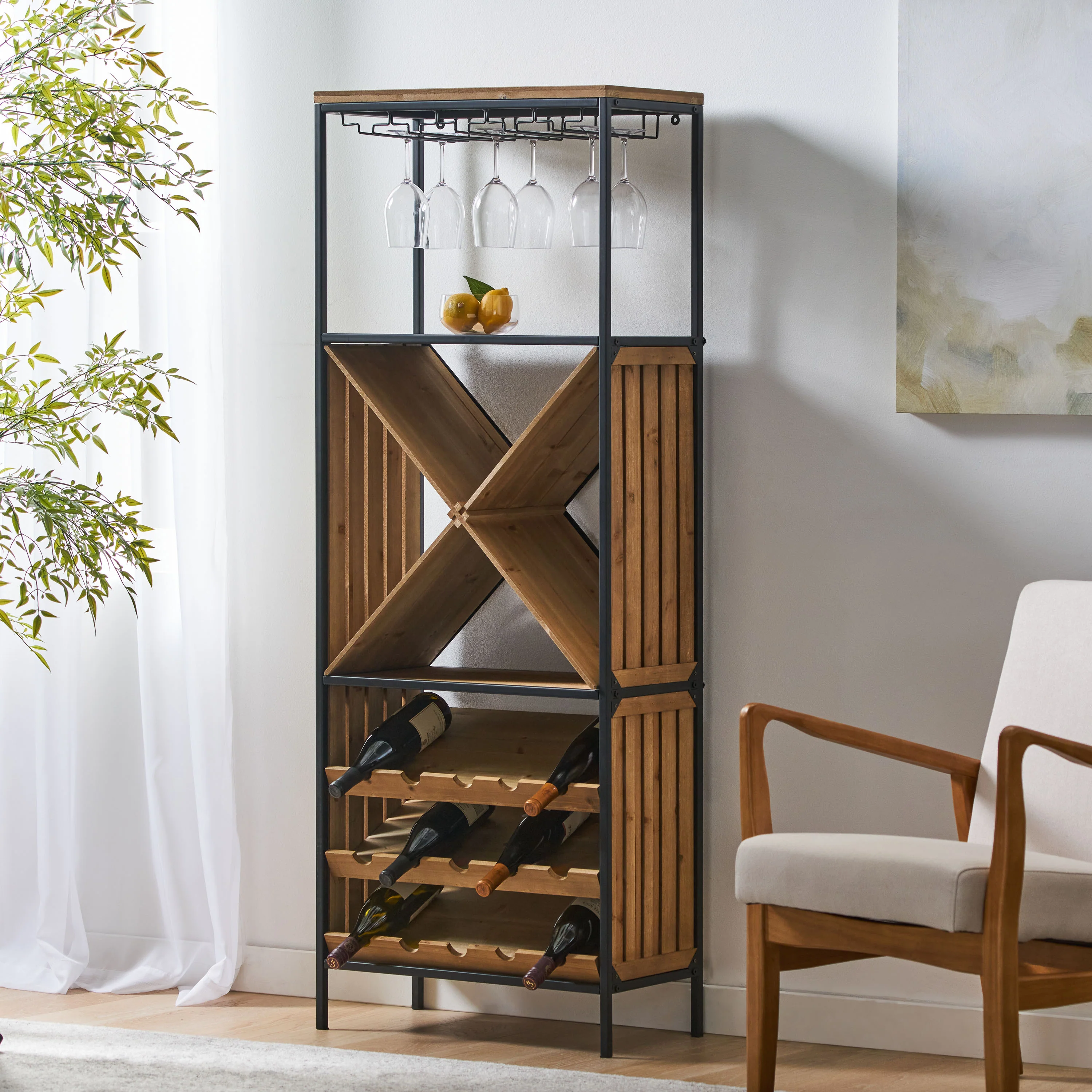 Hamlin Modern Industrial 15 Bottle Floor Wine Rack, Natural and Black - furnishings