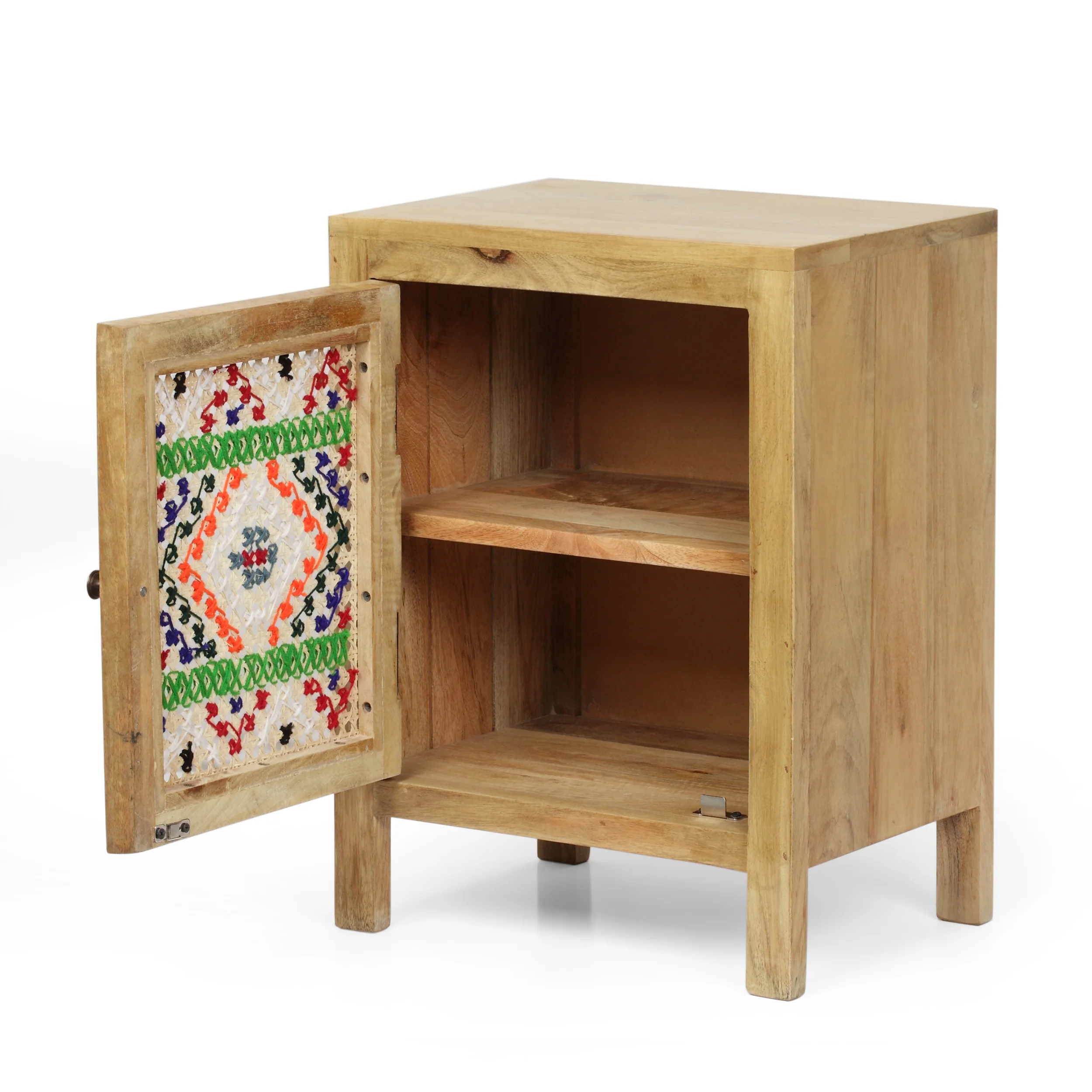 Reser Boho Handcrafted Mango Wood Nightstand with Wool Accents, Natural and Multi-Colored - furnishings