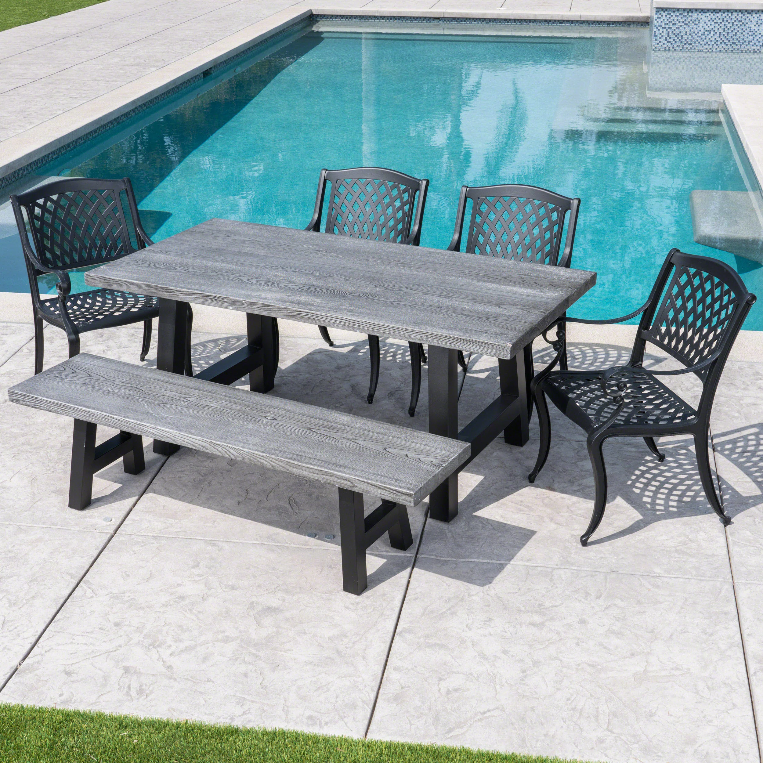 Dorris Outdoor 6 Piece Black Sand Aluminum Dining Set with Light Weight Concrete Table and Bench - furnishings