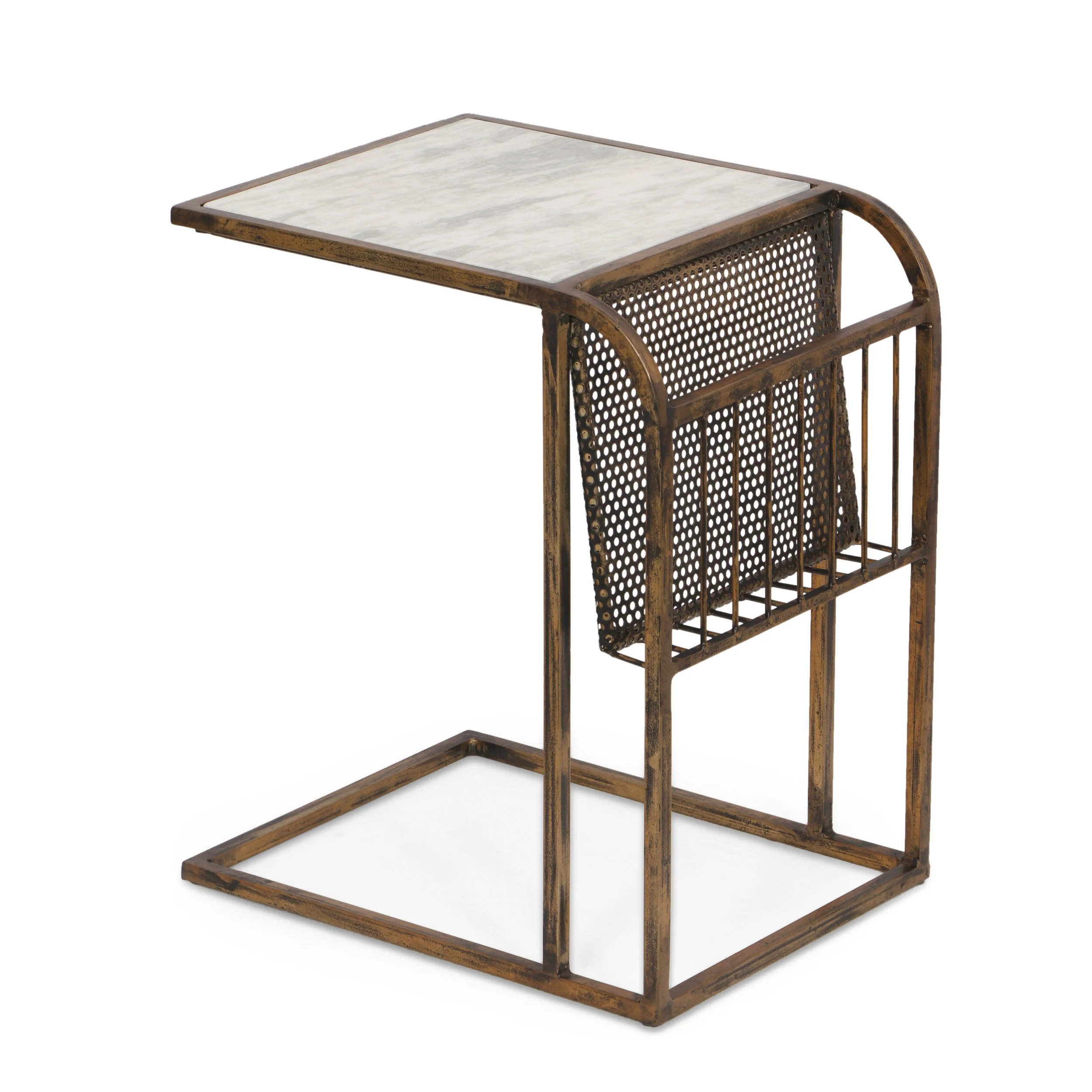 Billman Boho Glam Handcrafted Marble Top C-Shaped Side Table with Magazine Rack, Natural White and Antique Brass - furnishings