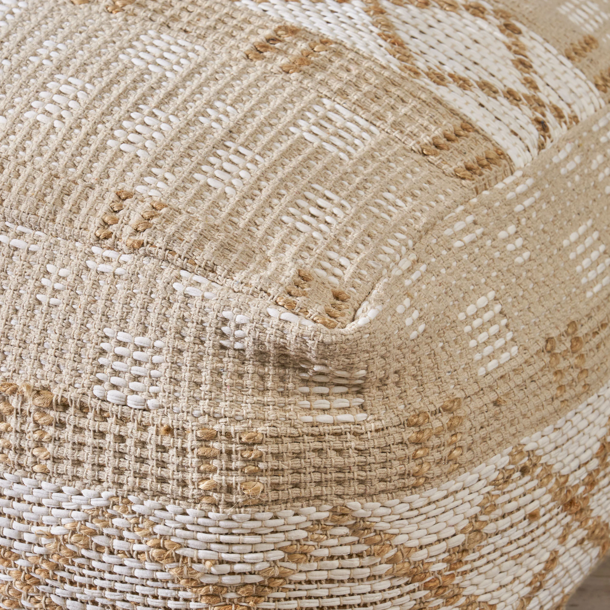 Mag Large Square Casual Pouf, Boho, Ivory Chindi and Hemp - furnishings