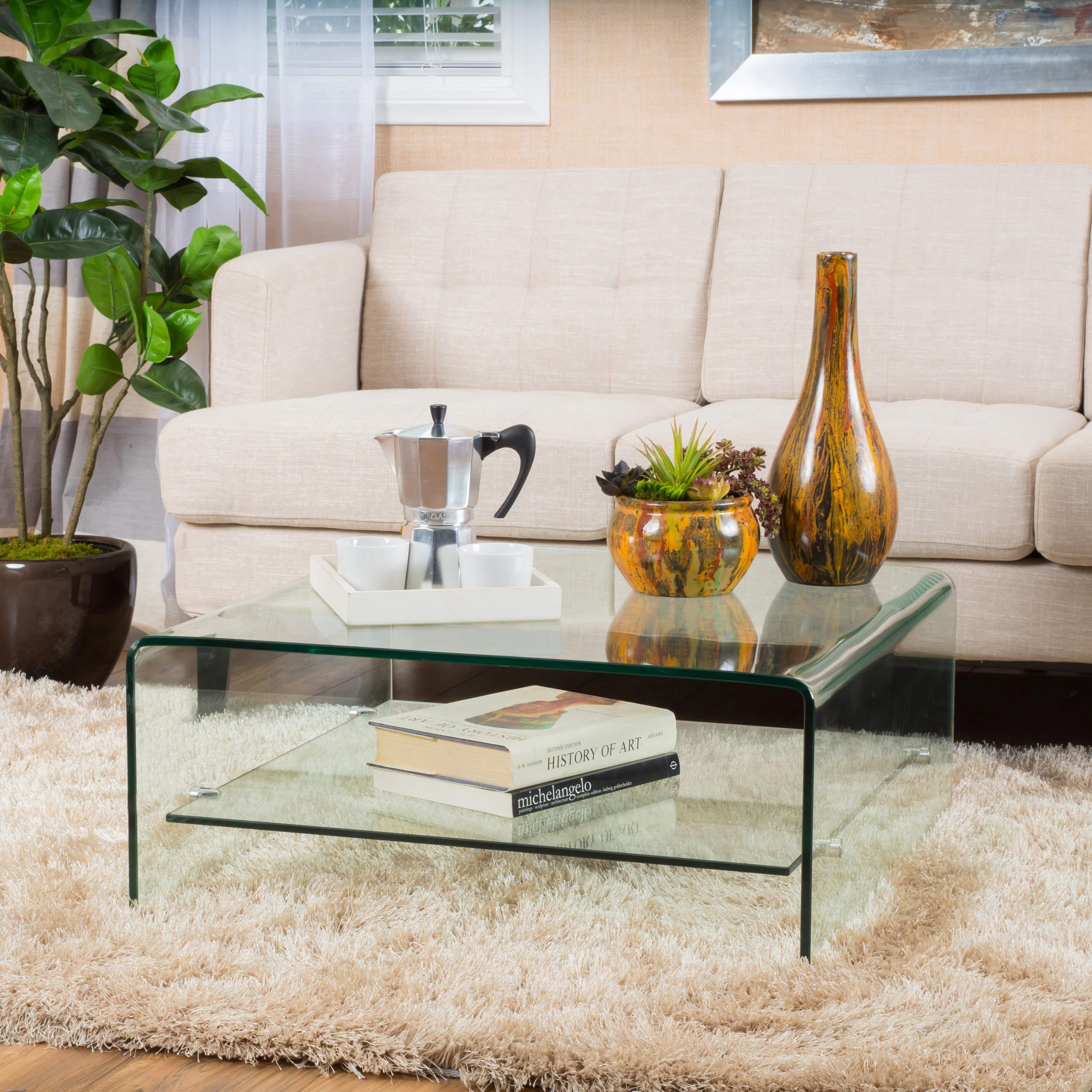 Classon Modern Square Tempered Glass Coffee Table with Shelf - furnishings