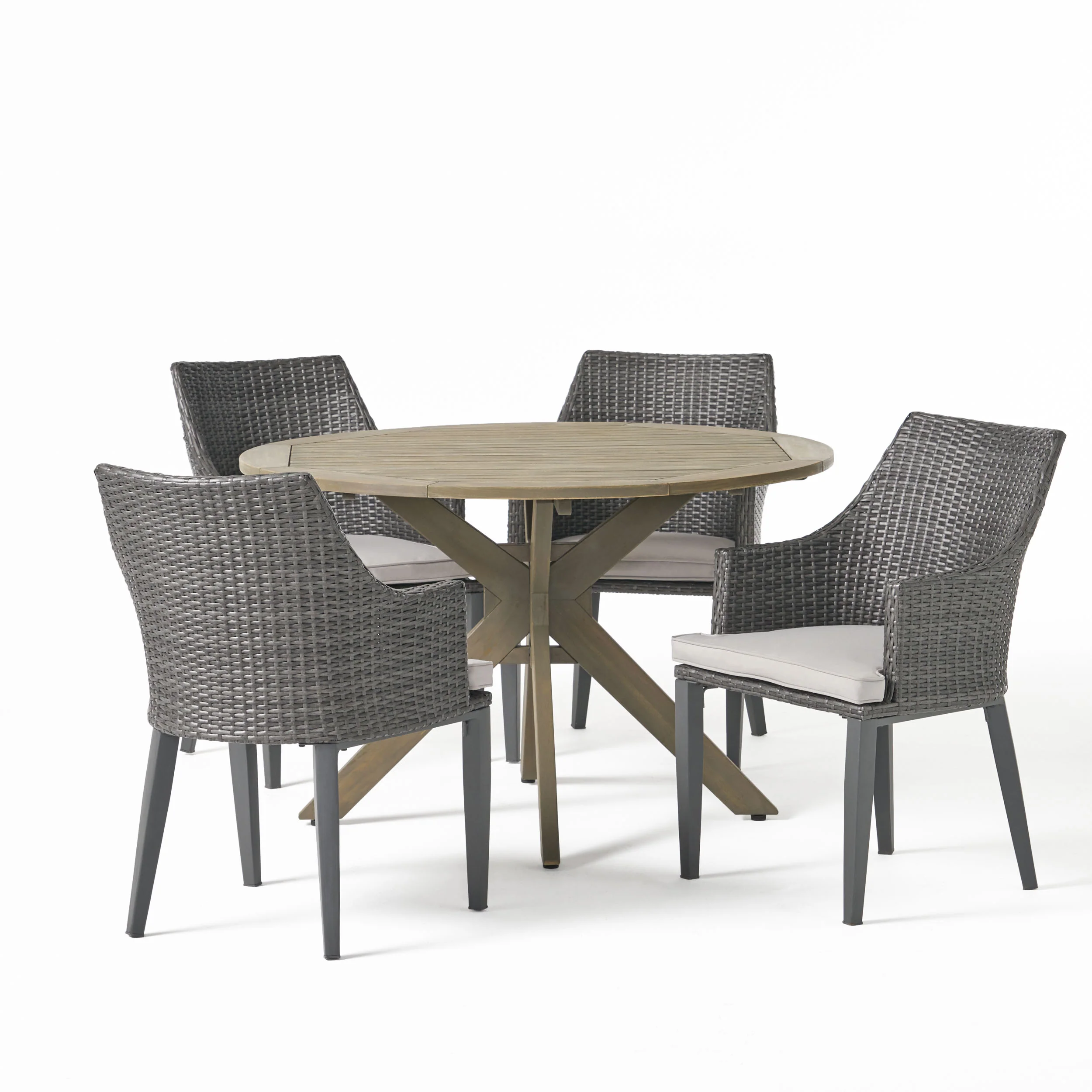 Linsey Outdoor 5 Piece Wood and Wicker Dining Set, Gray and Gray - furnishings