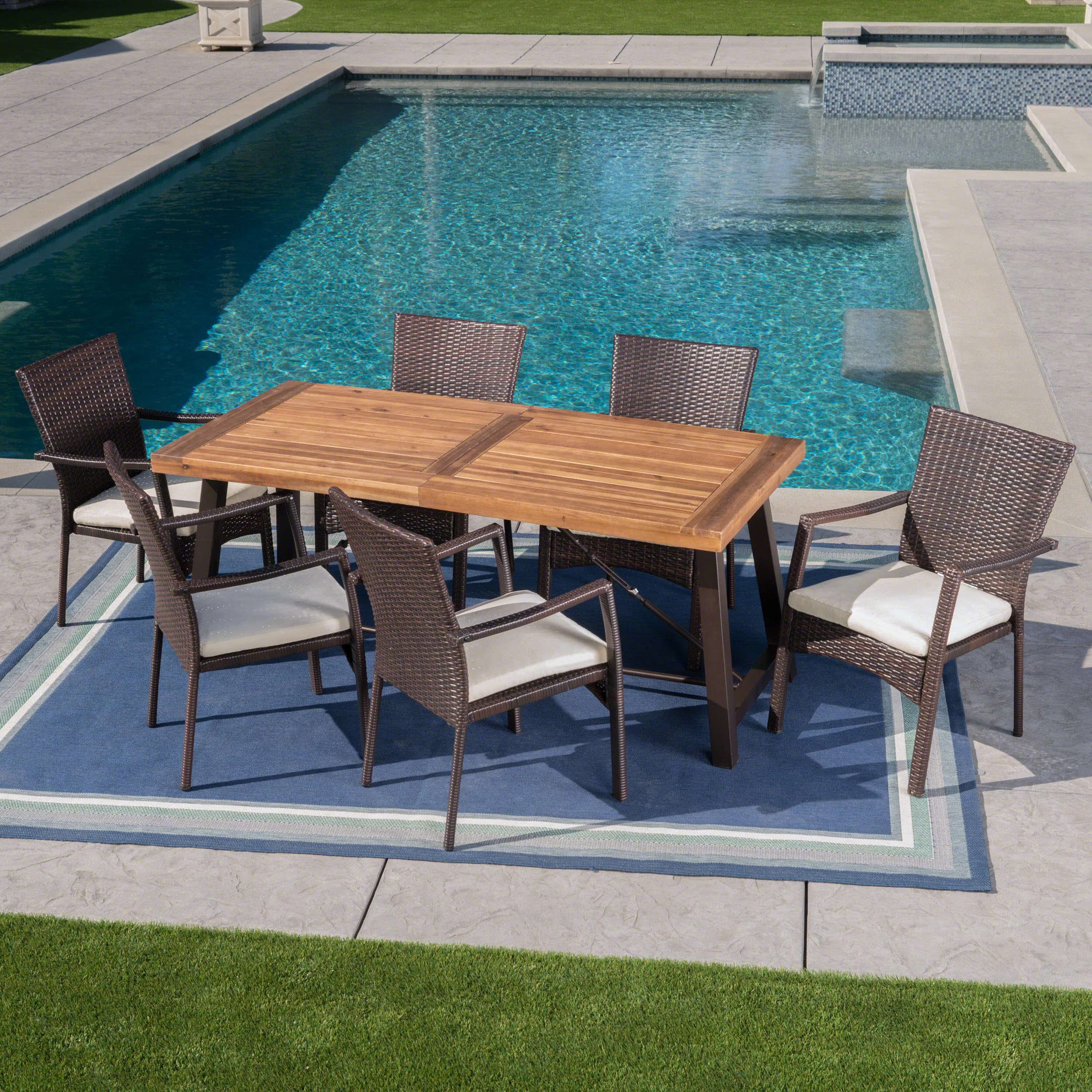 Landon Outdoor 7 Piece Dining Set with Teak Finished Wood Table and Brown Chairs - furnishings