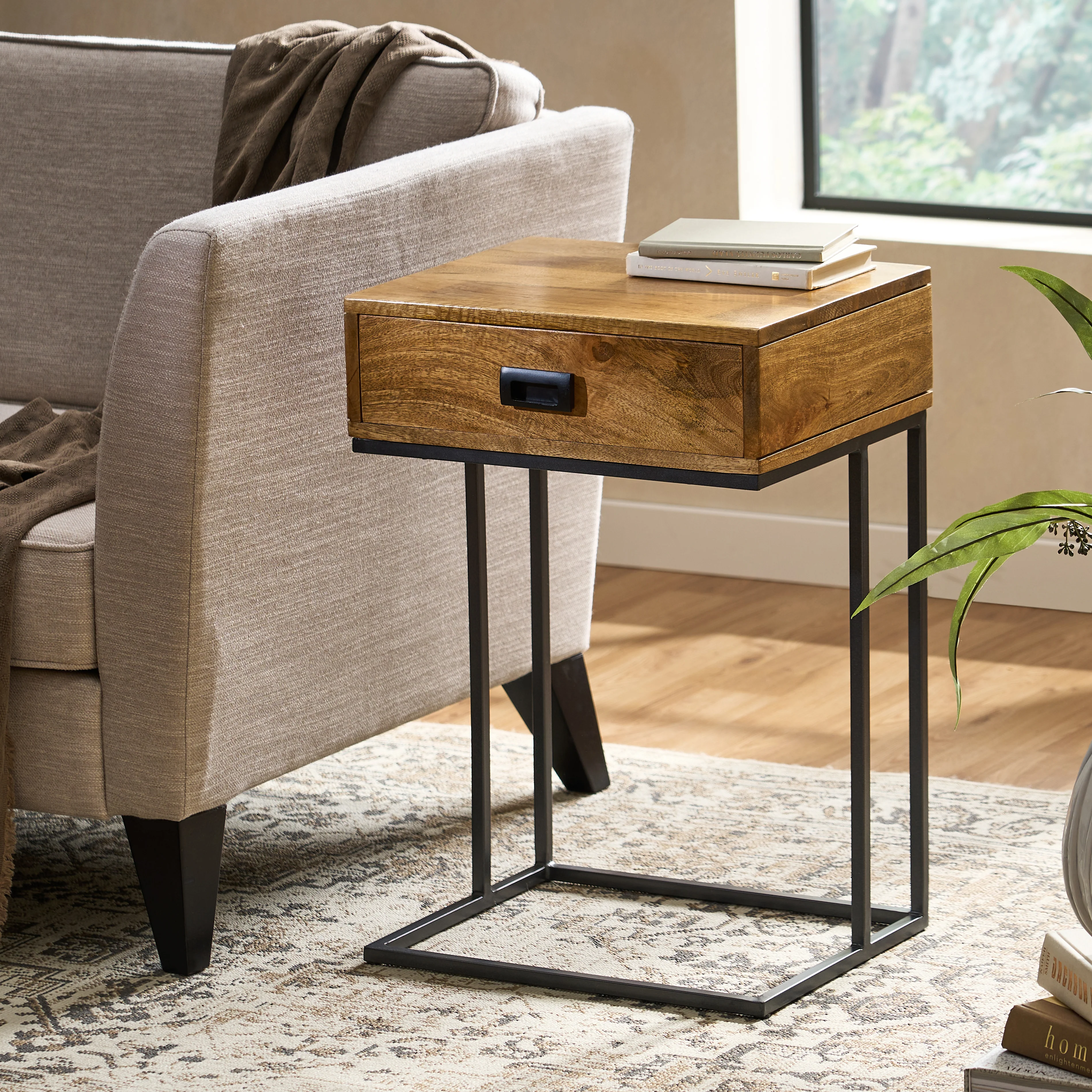 Aranda Modern Industrial Handmade Mango Wood C-Shaped Side Table with Drawer, Natural and Gray - furnishings