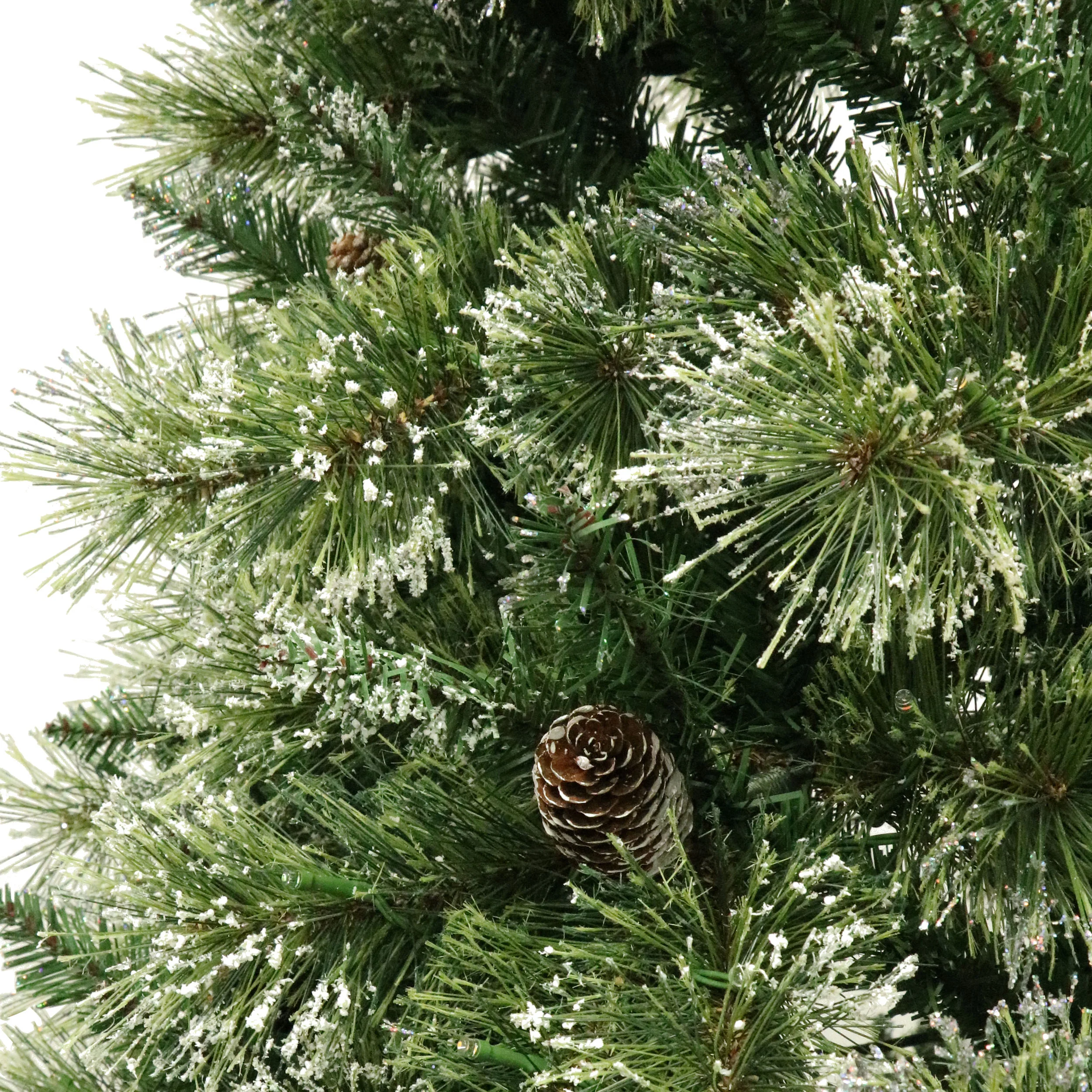 7-foot Cashmere Pine and Mixed Needles Pre-Lit Clear LED Hinged Artificial Christmas Tree with Snow and Glitter Branches and Frosted Pinecones - furnishings