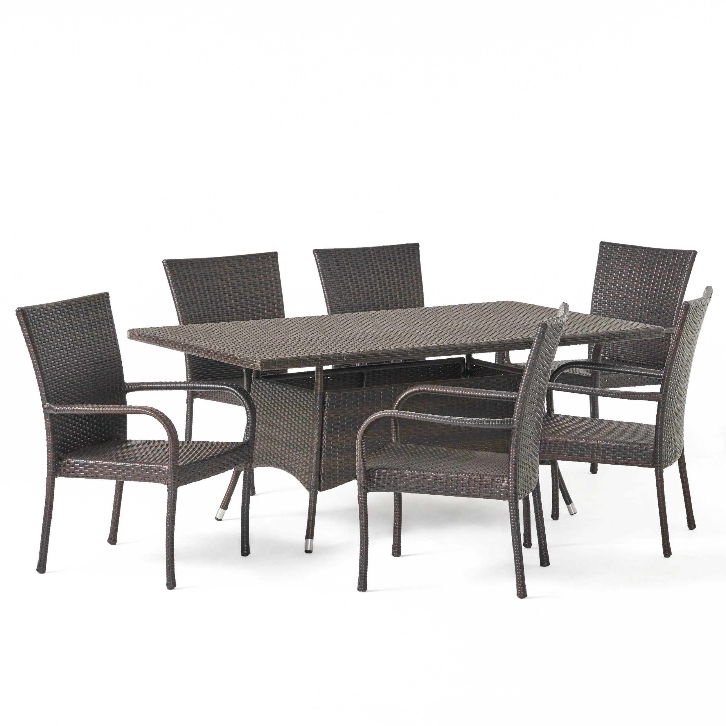 Kory Outdoor 7-Piece Multi-Brown Wicker Dining Set with Umbrella Hole - furnishings