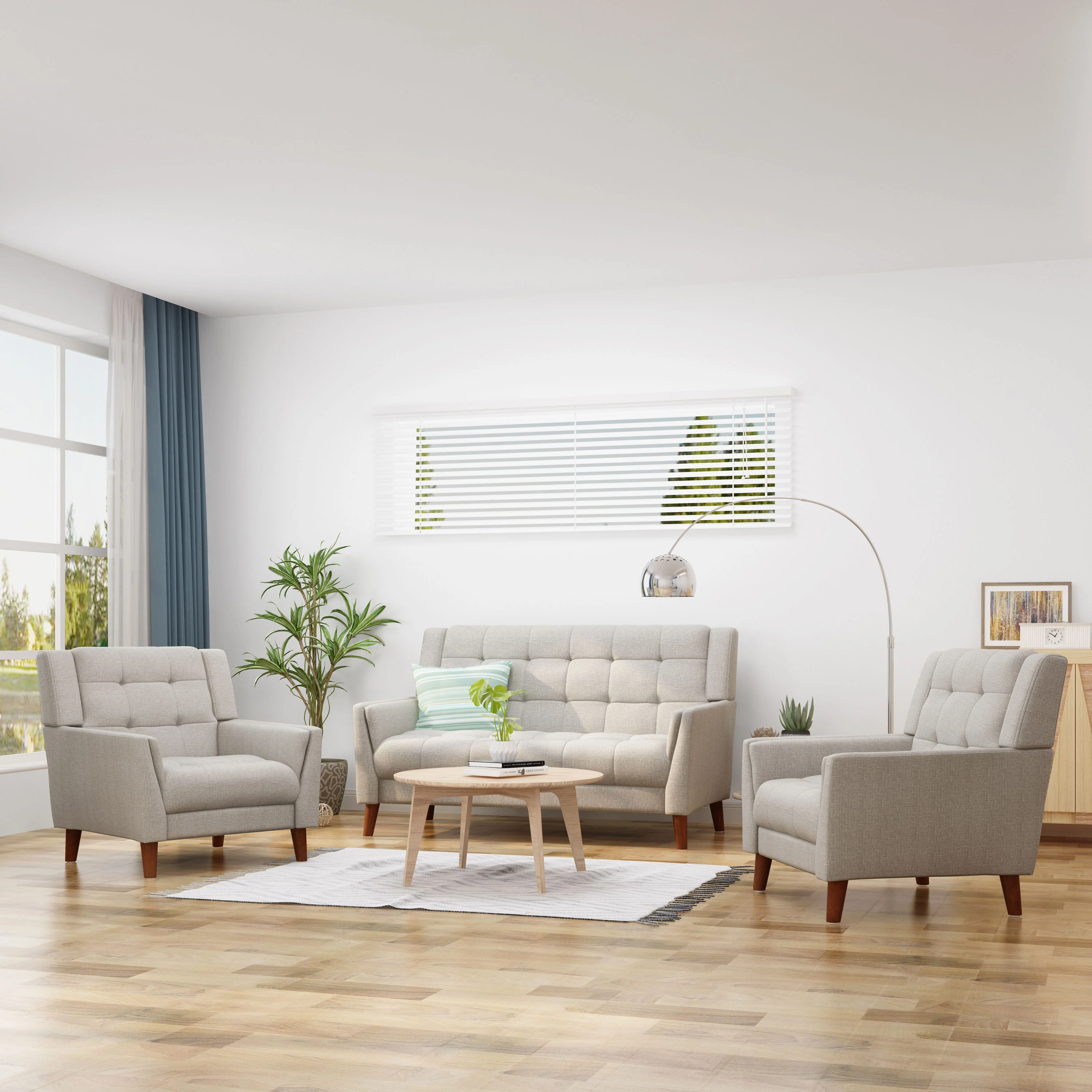 Evelyn Mid Century Modern 3-Piece Chairs & Loveseat Fabric Living Room Set - furnishings