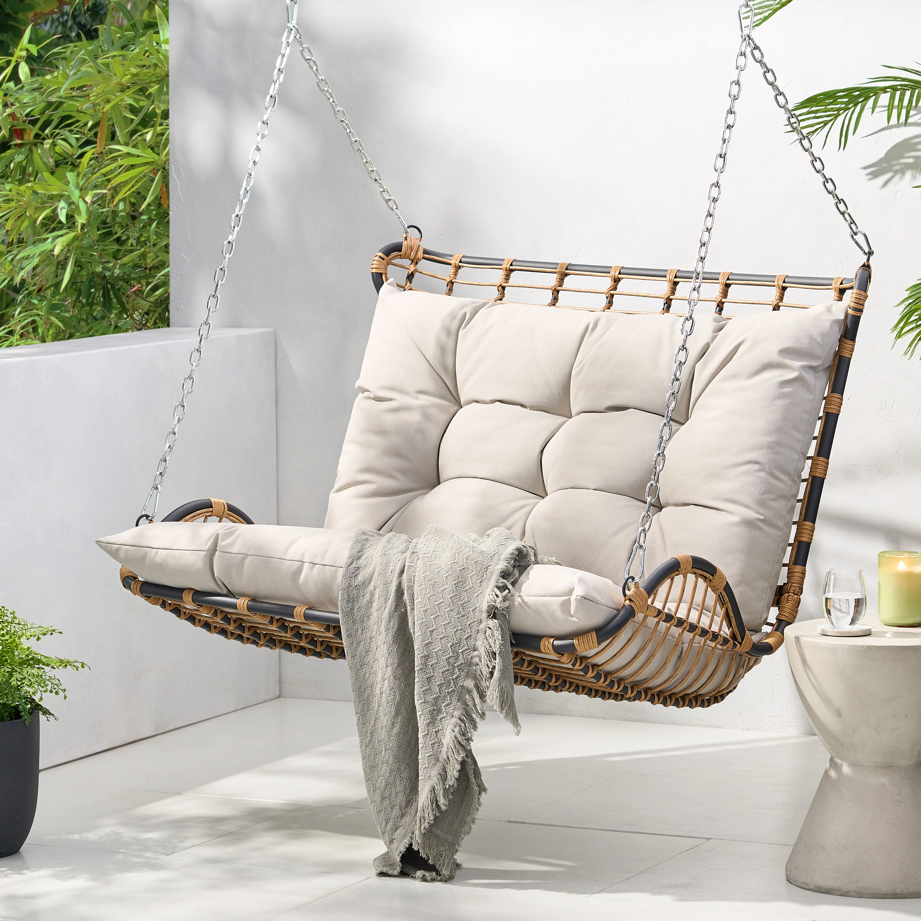 Matthew Outdoor Wicker Porch Swing with Cushions - furnishings