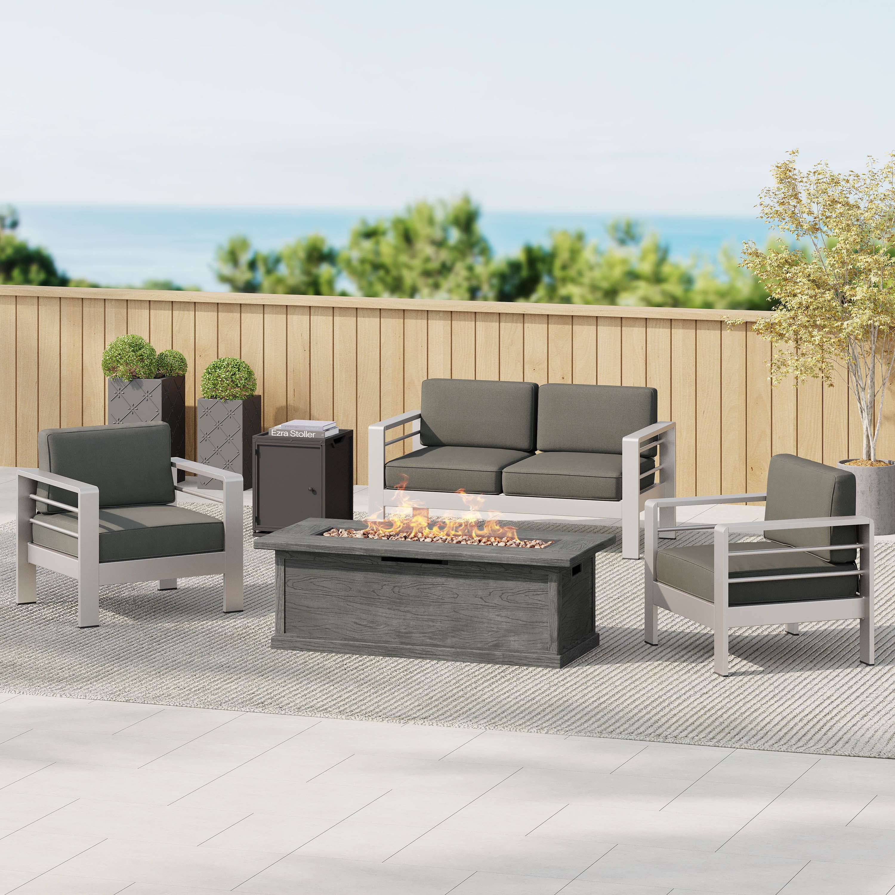 Crested Bay Outdoor Aluminum 3-piece Chat Set with 56-inch Rectangular Liquid Propane Fire Table - furnishings