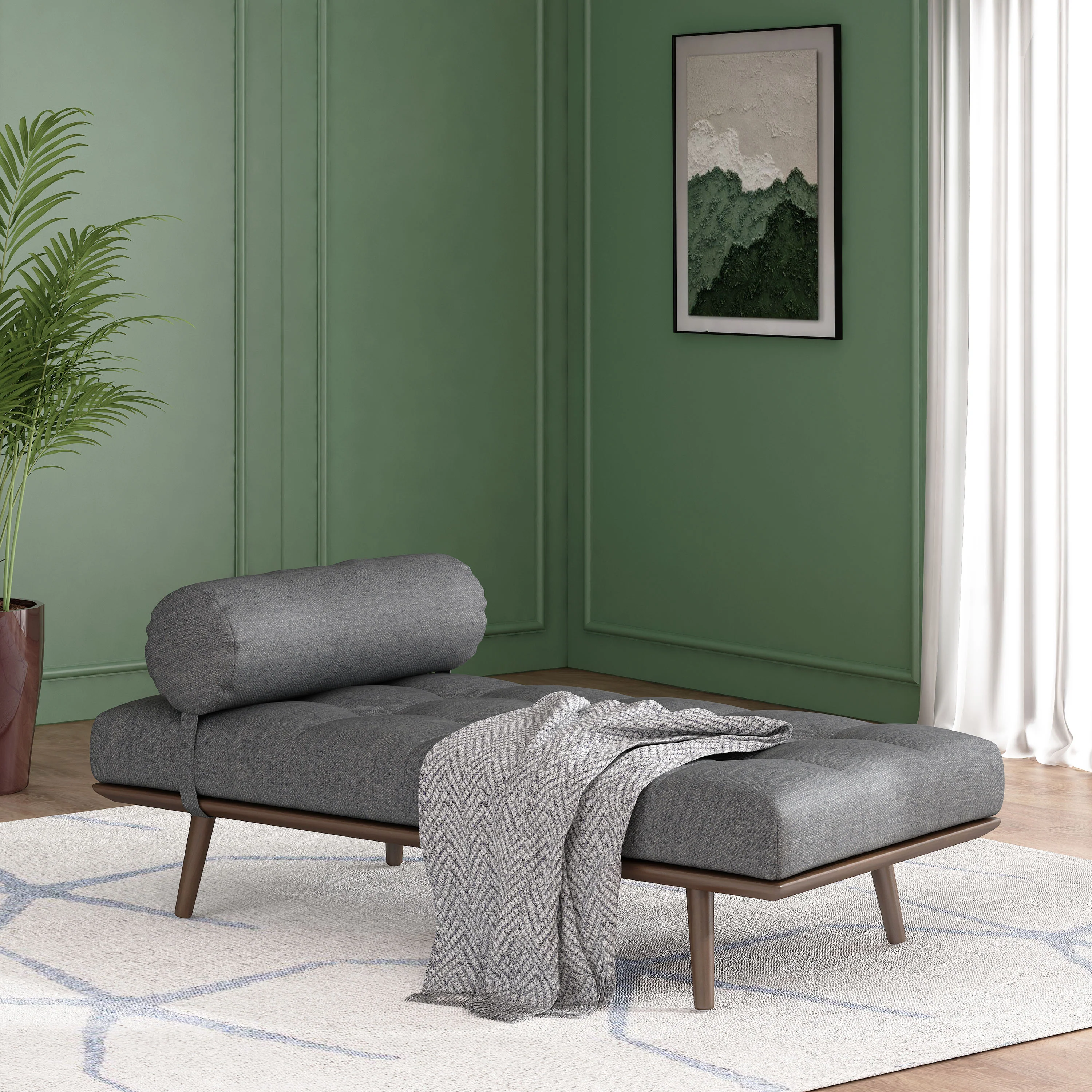 Lancer Mid Century Modern Fabric Tufted Chaise Lounge with Bolster Pillow - furnishings
