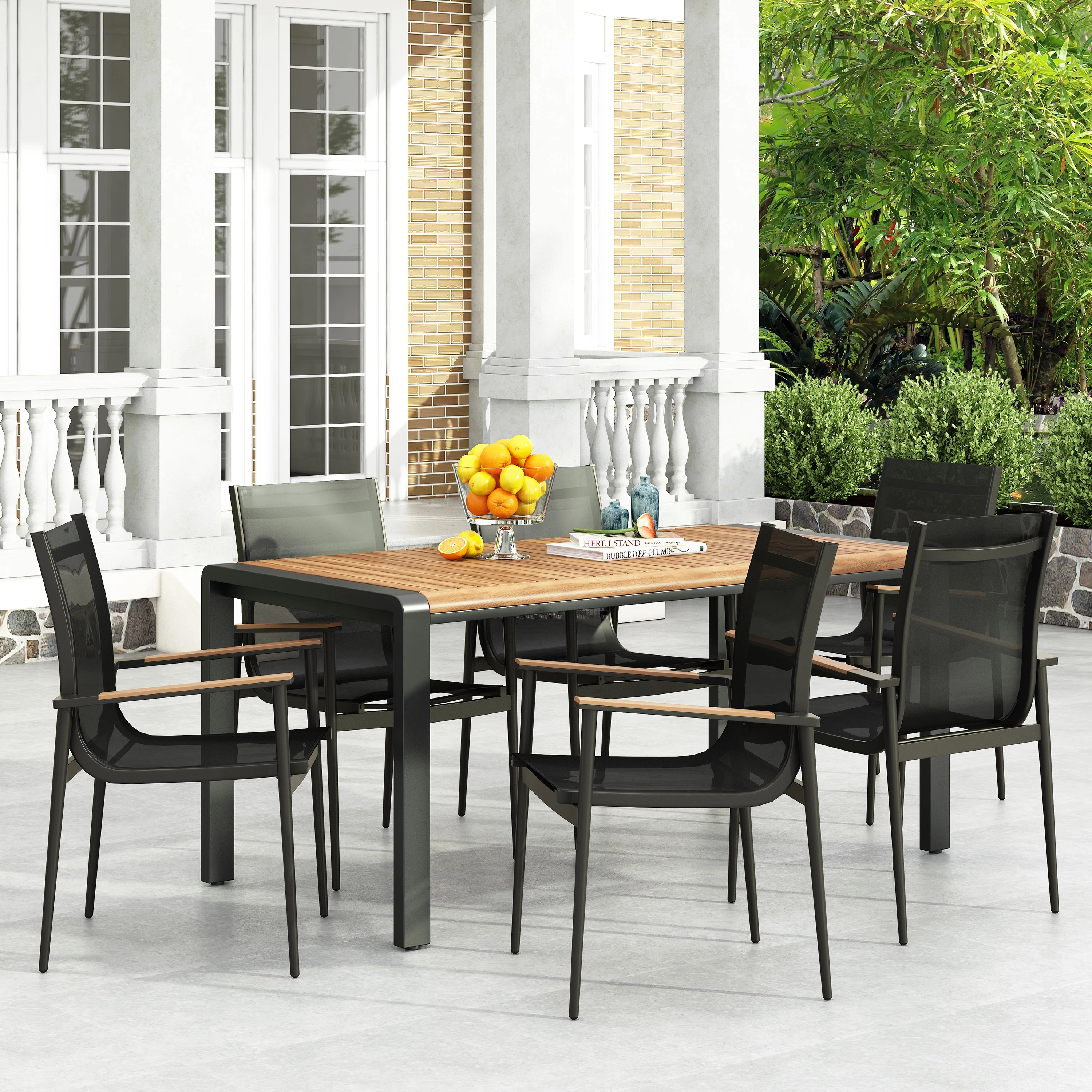 Naop Outdoor Mesh and Acacia Wood 7 Piece Dining Set, Black and Teak - furnishings