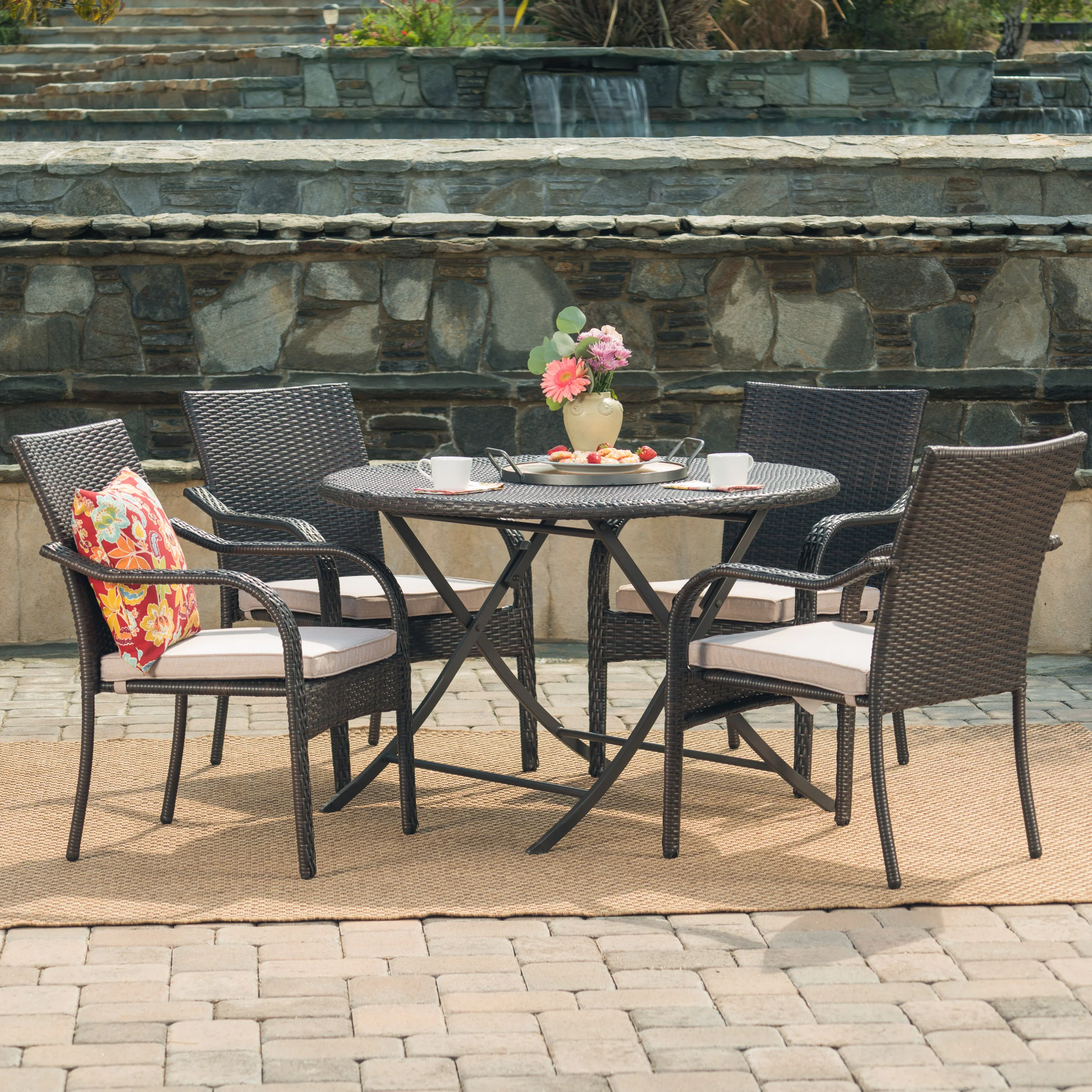 Toluca Outdoor 5 Piece Foldable Table and Stacking Chair Wicker Dining Set - furnishings