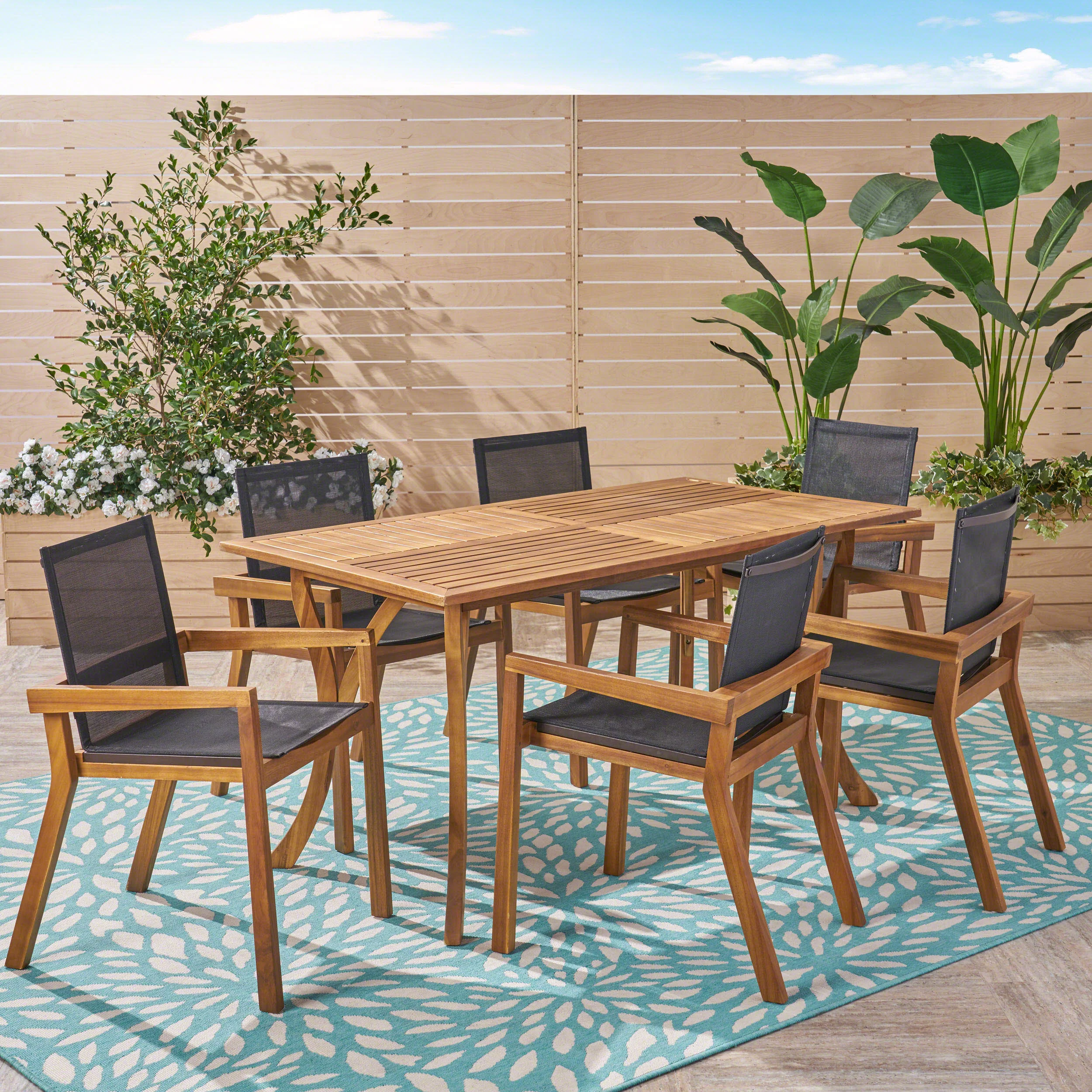 Kaur Outdoor Acacia Wood 7 Piece Dining Set with Mesh Seats - furnishings